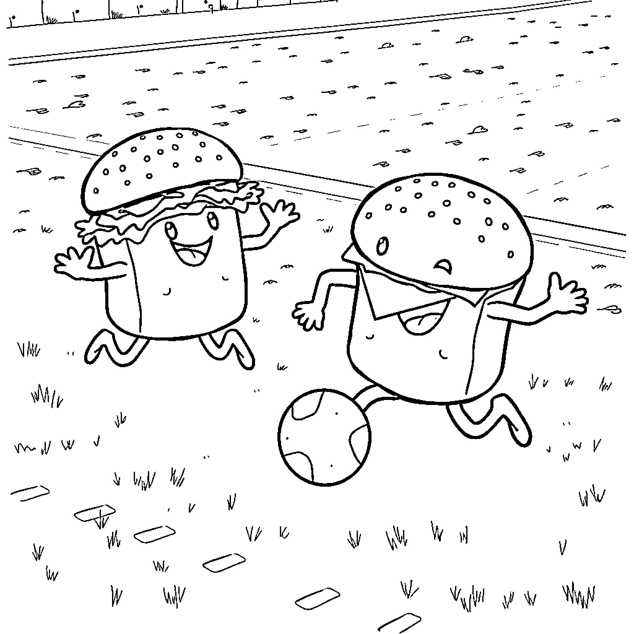 Cheeseburgers playing joyfully in the field Coloring Page (free black-and-white line drawing printable PDF for all, from beginners to advanced learners, including children, teens, adults, and seniors)