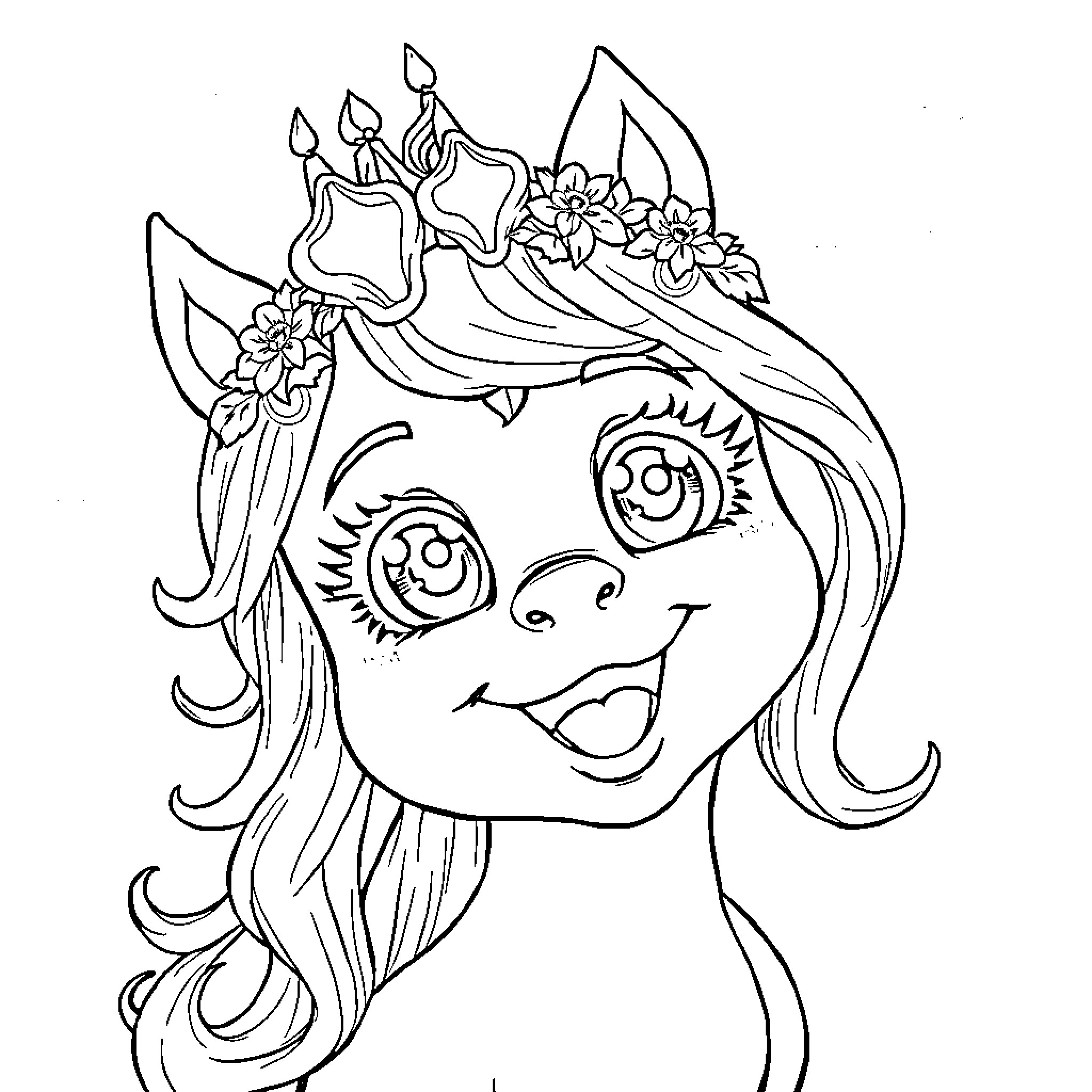 Girl with Floral Crown and Whimsical Expression Coloring Page (free black-and-white line drawing printable PDF for all, from beginners to advanced learners, including children, teens, adults, and seniors)