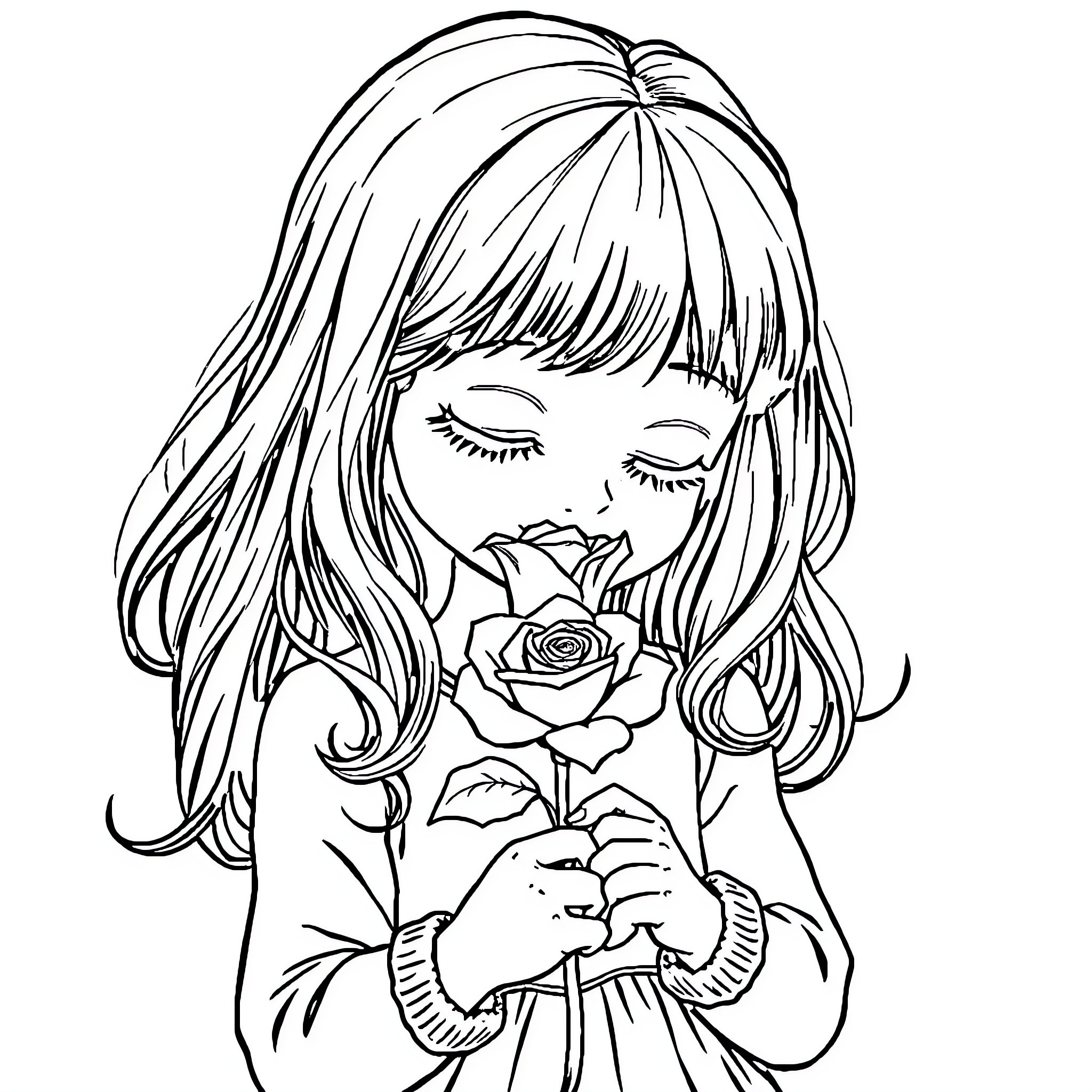 Girl admiring a beautiful rose Coloring Page (free black-and-white line drawing printable PDF for all, from beginners to advanced learners, including children, teens, adults, and seniors)