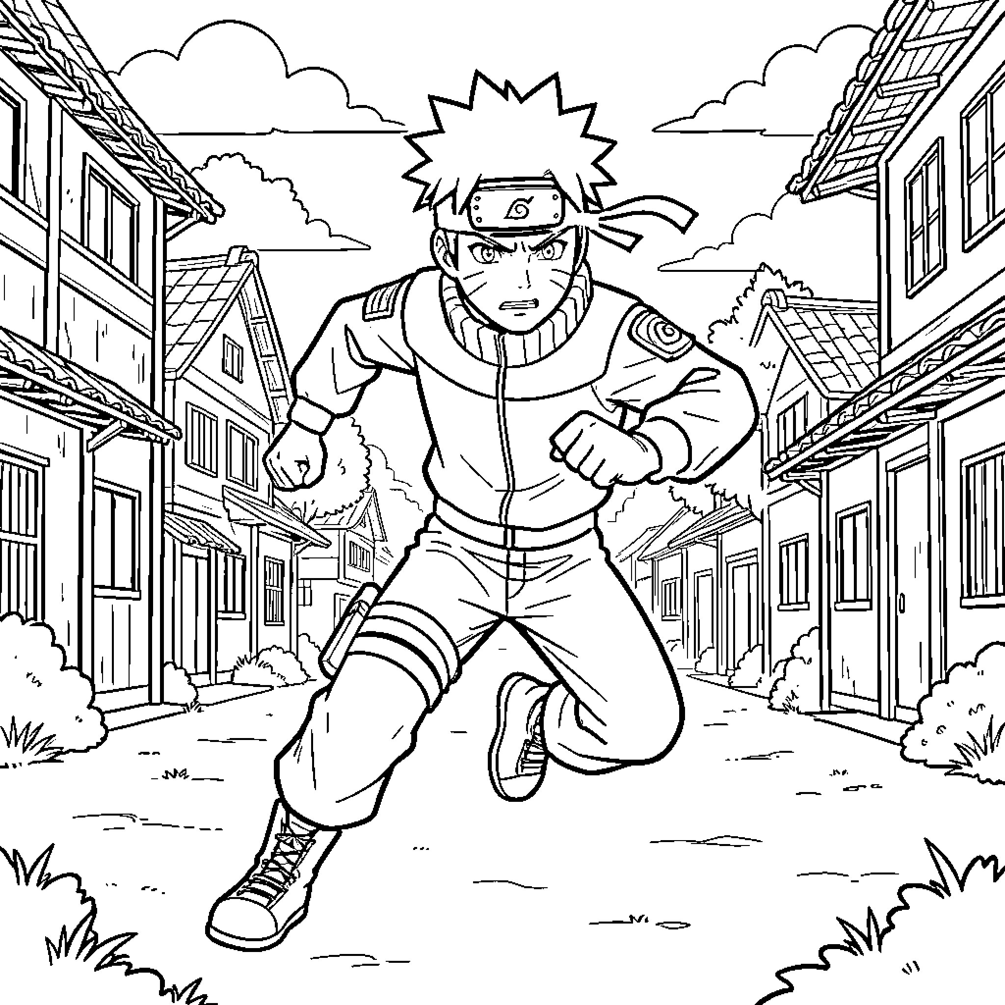 Naruto running determinedly through a village street Coloring Page (free black-and-white line drawing printable PDF for all, from beginners to advanced learners, including children, teens, adults, and seniors)
