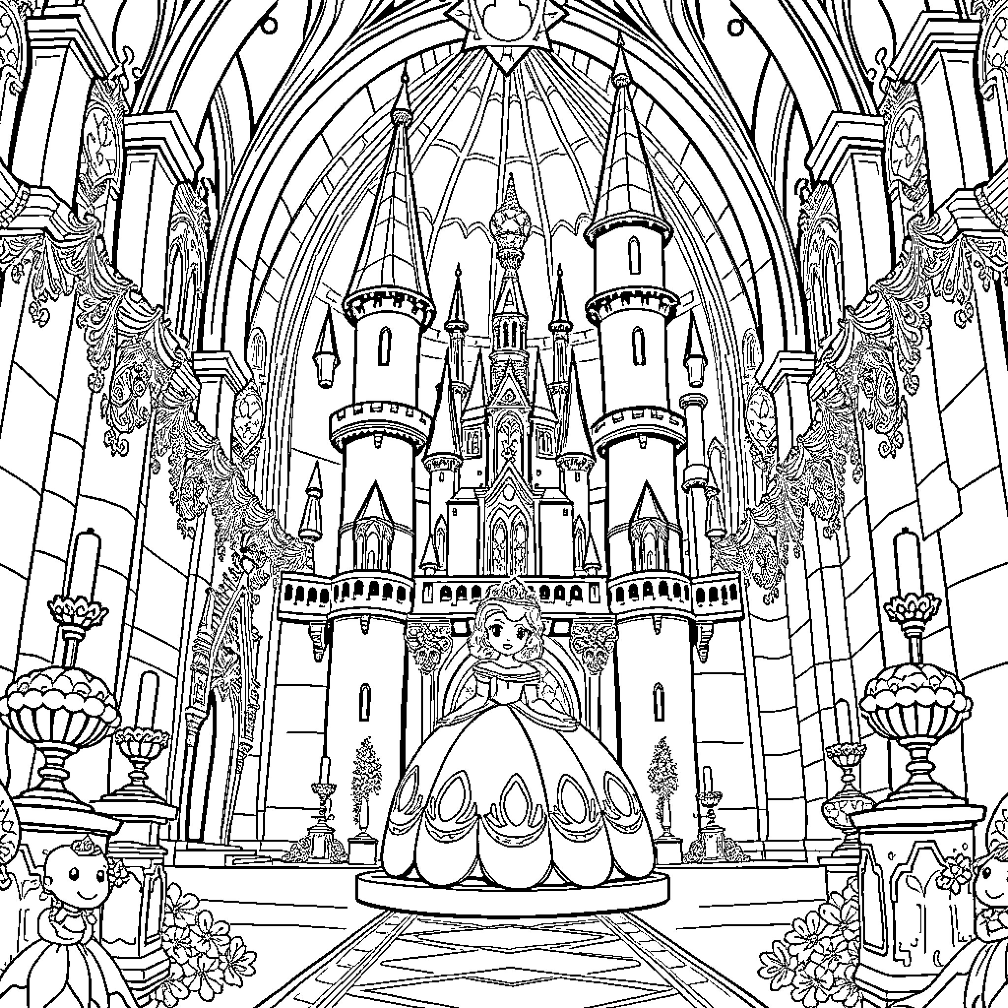 Sofia standing gracefully in a grand castle hall Coloring Page (free black-and-white line drawing printable PDF for all, from beginners to advanced learners, including children, teens, adults, and seniors)