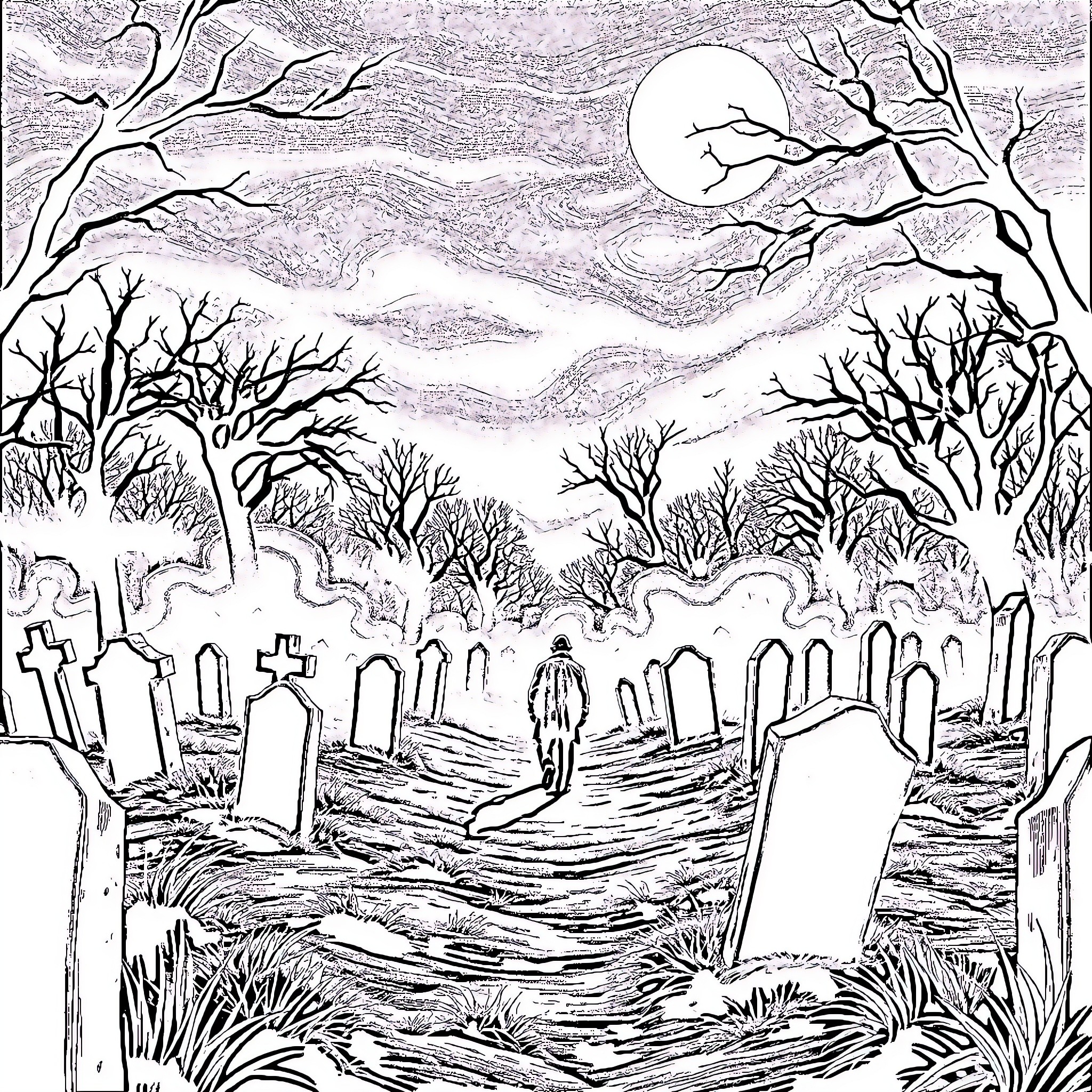 Zombie wandering through a haunting graveyard at night Coloring Page (free black-and-white line drawing printable PDF for all, from beginners to advanced learners, including children, teens, adults, and seniors)
