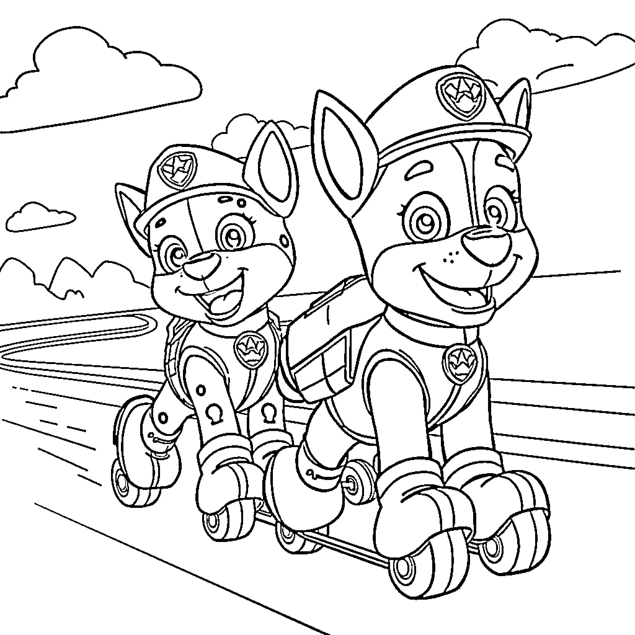 Paw Patrol Puppies on a Rescue Mission Coloring Page (free black-and-white line drawing printable PDF for all, from beginners to advanced learners, including children, teens, adults, and seniors)