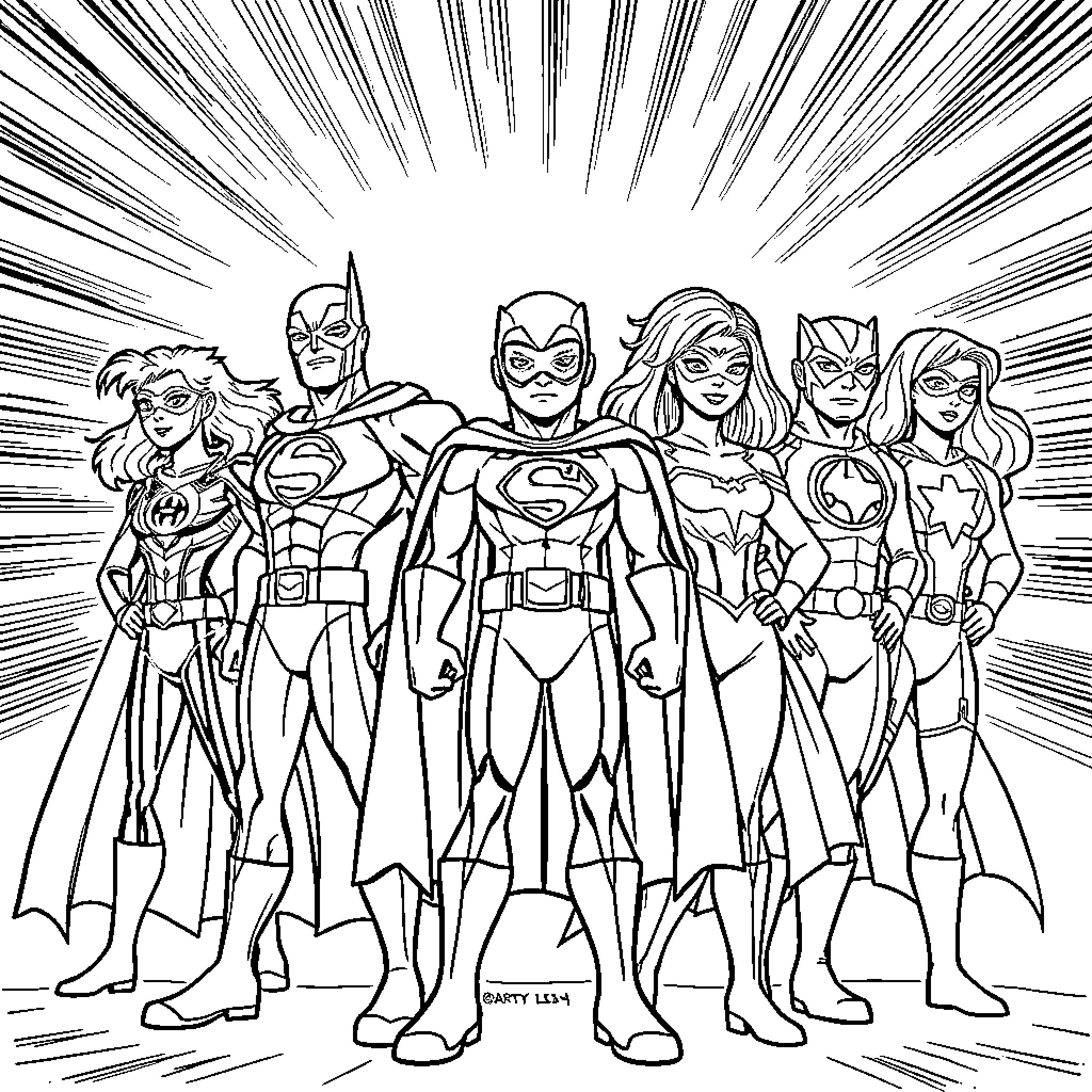 Superhero Team Assembling for Action Coloring Page (free black-and-white line drawing printable PDF for all, from beginners to advanced learners, including children, teens, adults, and seniors)
