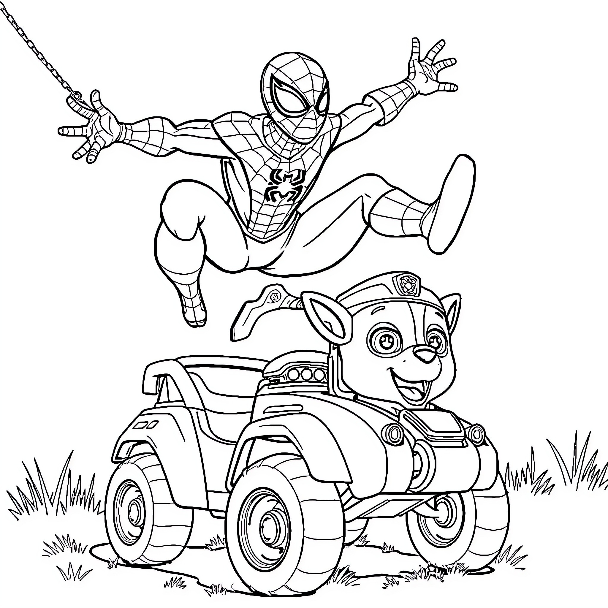 Spider-Man swinging with Paw Patrol character Coloring Page (free black-and-white line drawing printable PDF for all, from beginners to advanced learners, including children, teens, adults, and seniors)