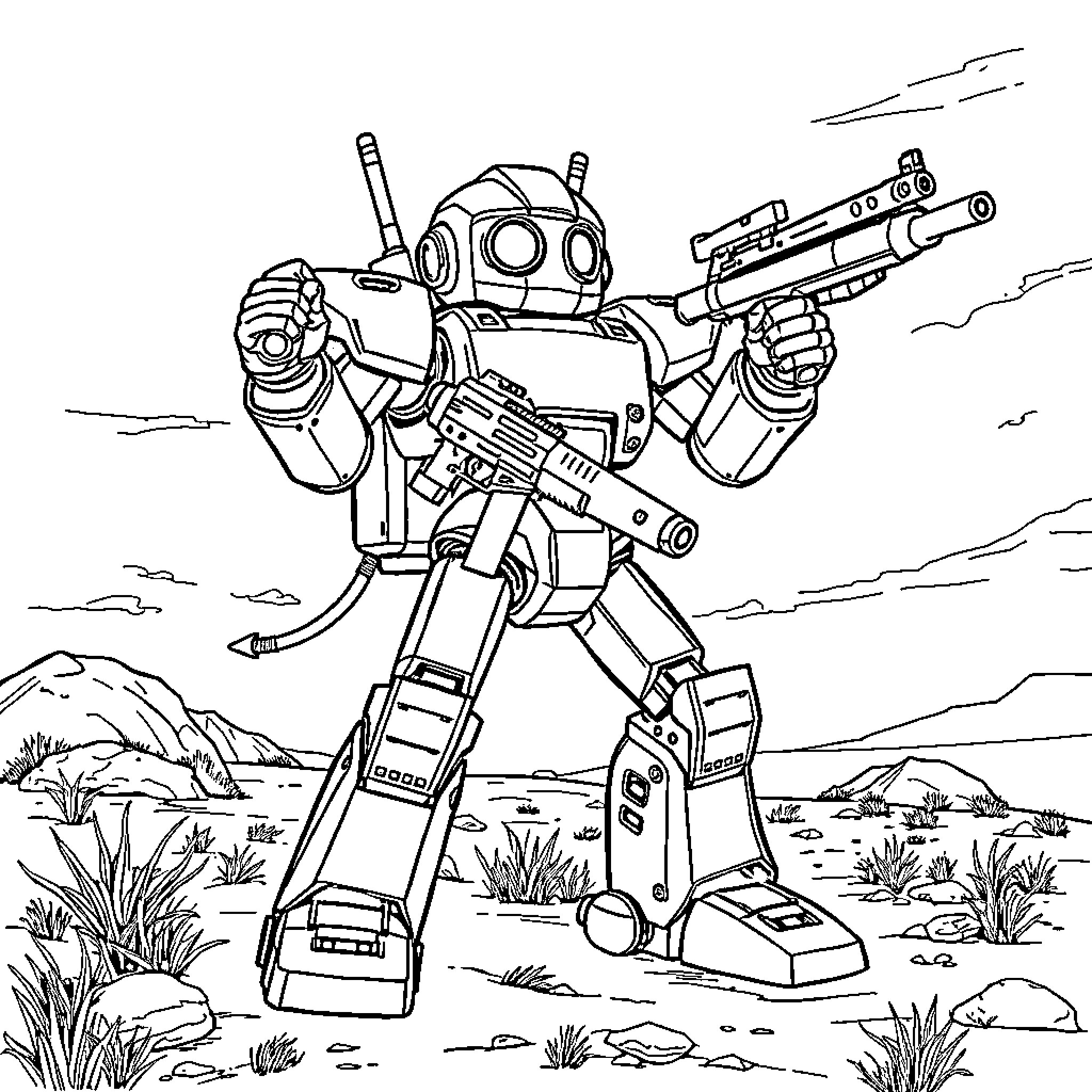 Robot warrior in combat stance with weapons Coloring Page (free black-and-white line drawing printable PDF for all, from beginners to advanced learners, including children, teens, adults, and seniors)