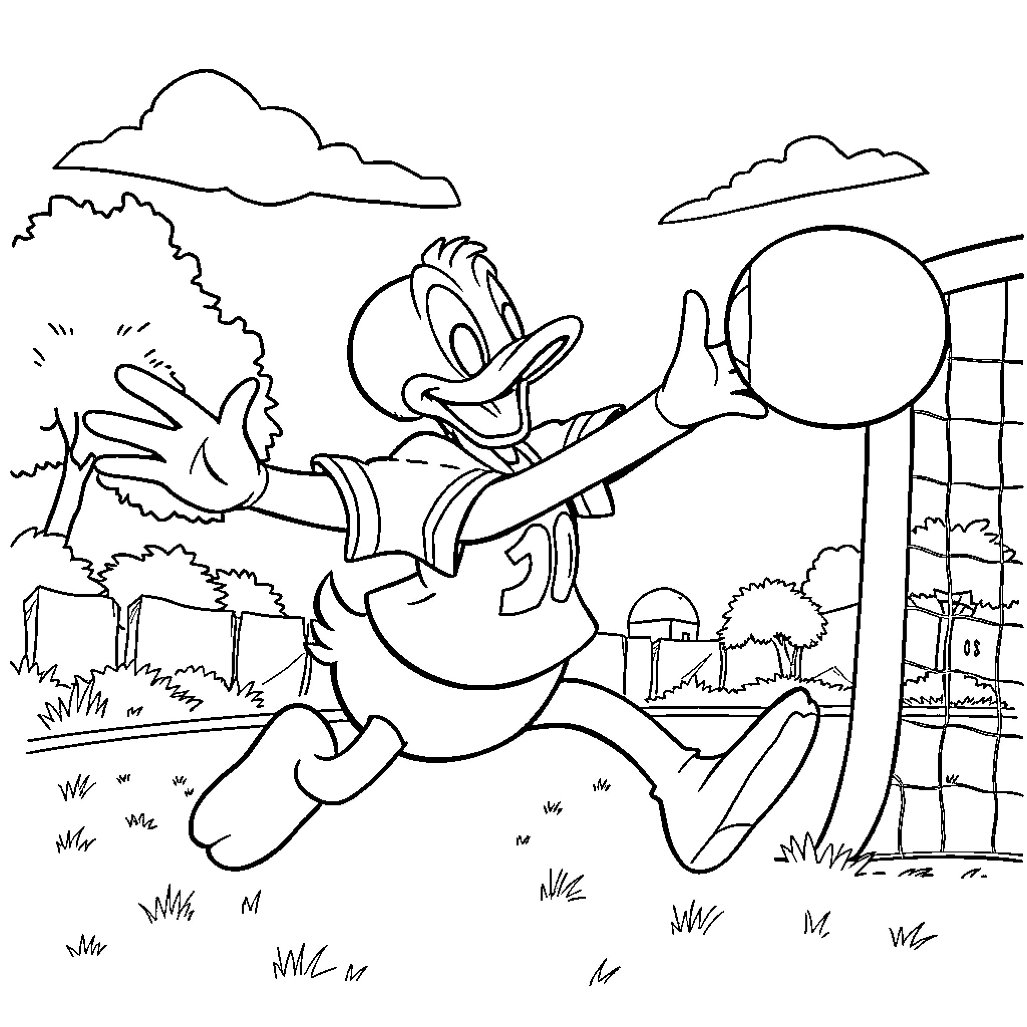 Donald Duck jumping happily in the countryside Coloring Page (free black-and-white line drawing printable PDF for all, from beginners to advanced learners, including children, teens, adults, and seniors)