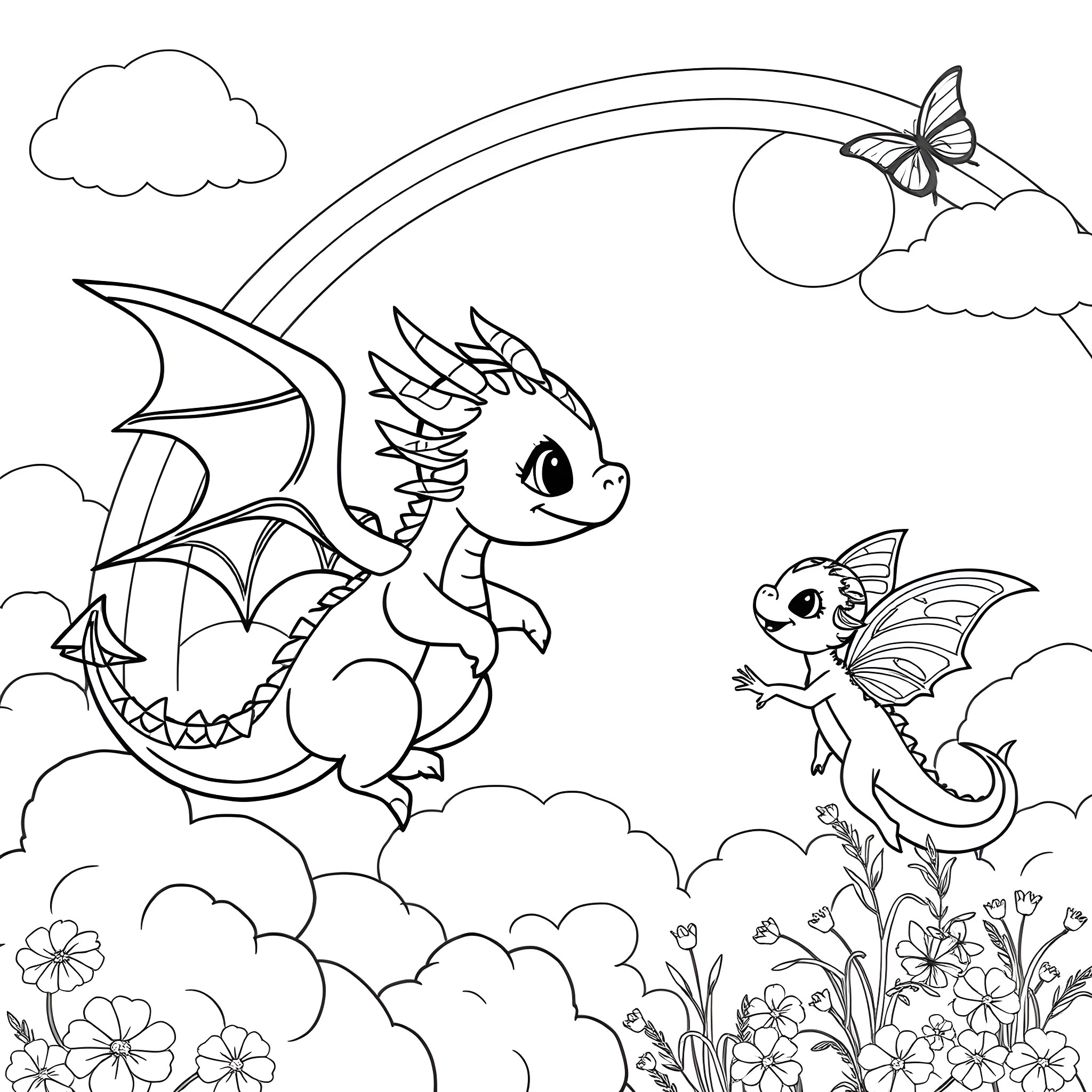 Dragon friends playing in the sky Coloring Page (free black-and-white line drawing printable PDF for all, from beginners to advanced learners, including children, teens, adults, and seniors)