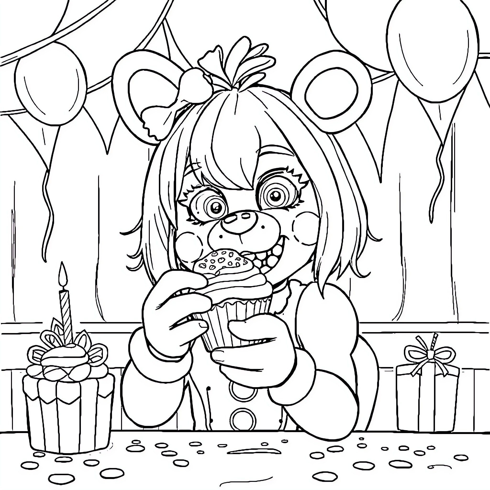 Chica enjoying her birthday cupcake Coloring Page (free black-and-white line drawing printable PDF for all, from beginners to advanced learners, including children, teens, adults, and seniors)
