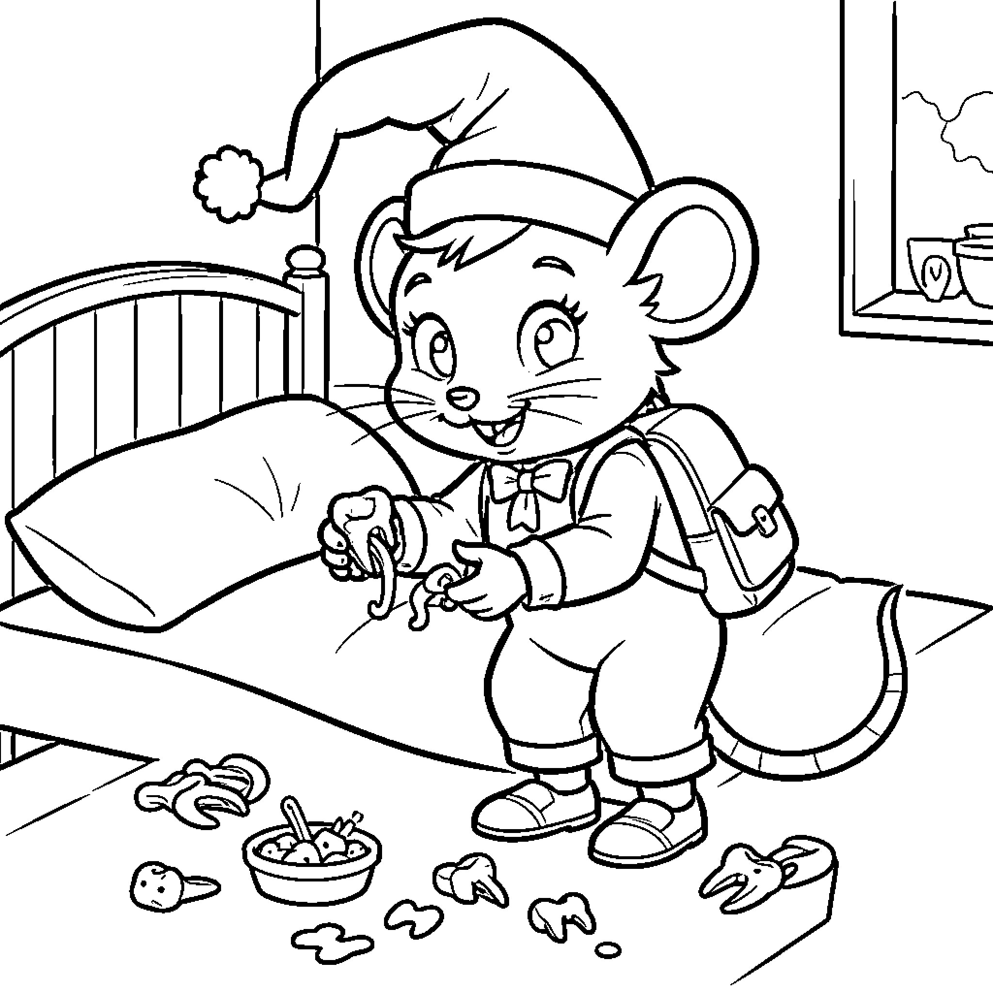 Ratón bebiendo leche en la cama Coloring Page (free black-and-white line drawing printable PDF for all, from beginners to advanced learners, including children, teens, adults, and seniors)