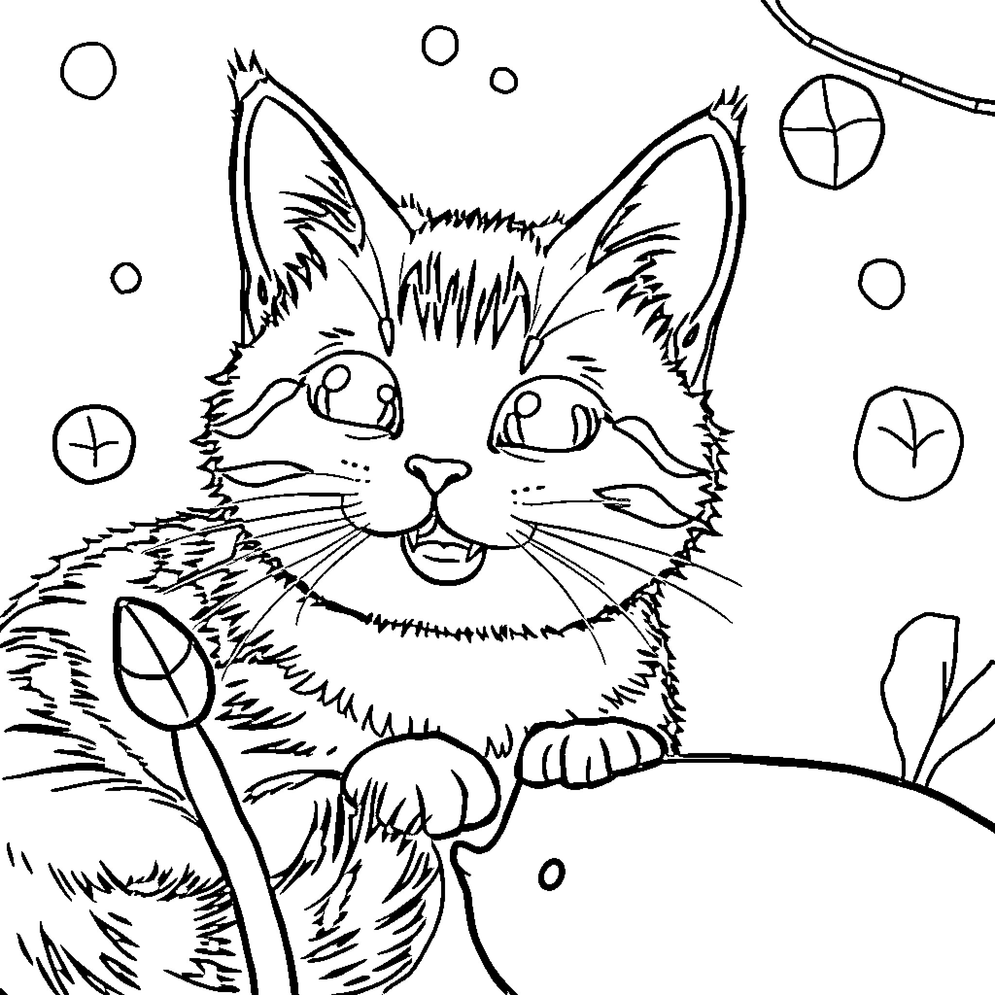 Cat in winter wonderland Coloring Page (free black-and-white line drawing printable PDF for all, from beginners to advanced learners, including children, teens, adults, and seniors)