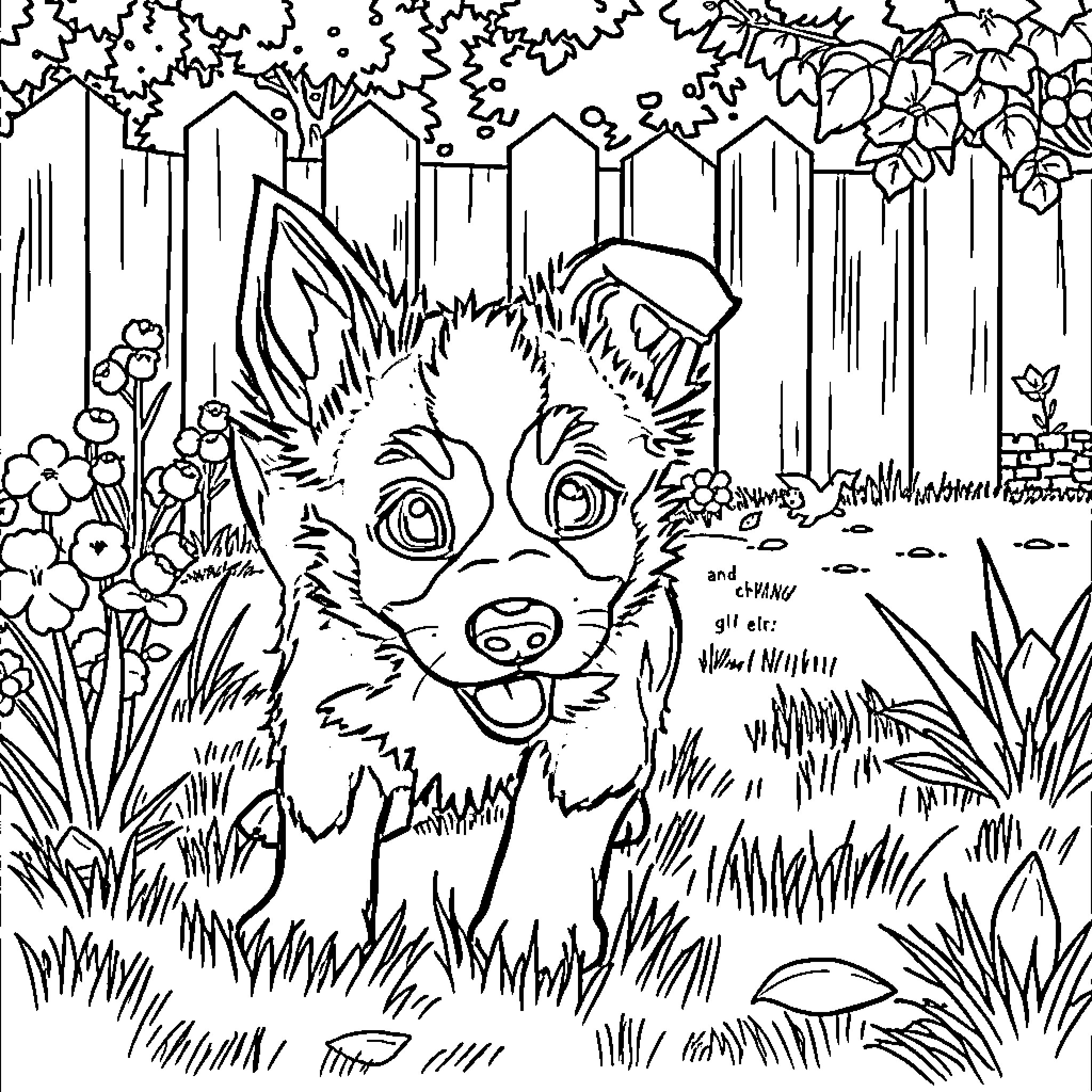 Bluey enjoying nature in the backyard Coloring Page (free black-and-white line drawing printable PDF for all, from beginners to advanced learners, including children, teens, adults, and seniors)