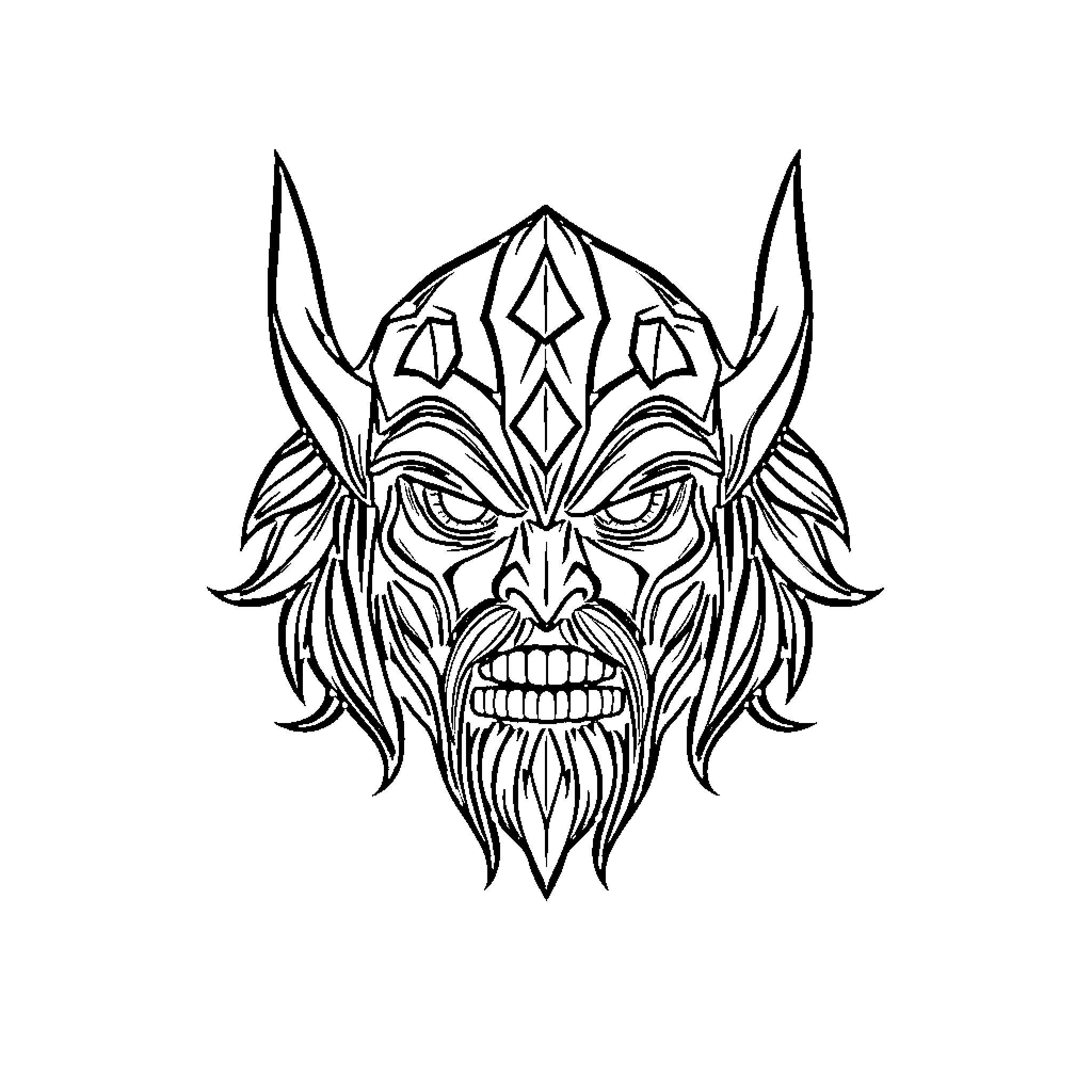 Thor's fierce and ornate mask Coloring Page (free black-and-white line drawing printable PDF for all, from beginners to advanced learners, including children, teens, adults, and seniors)