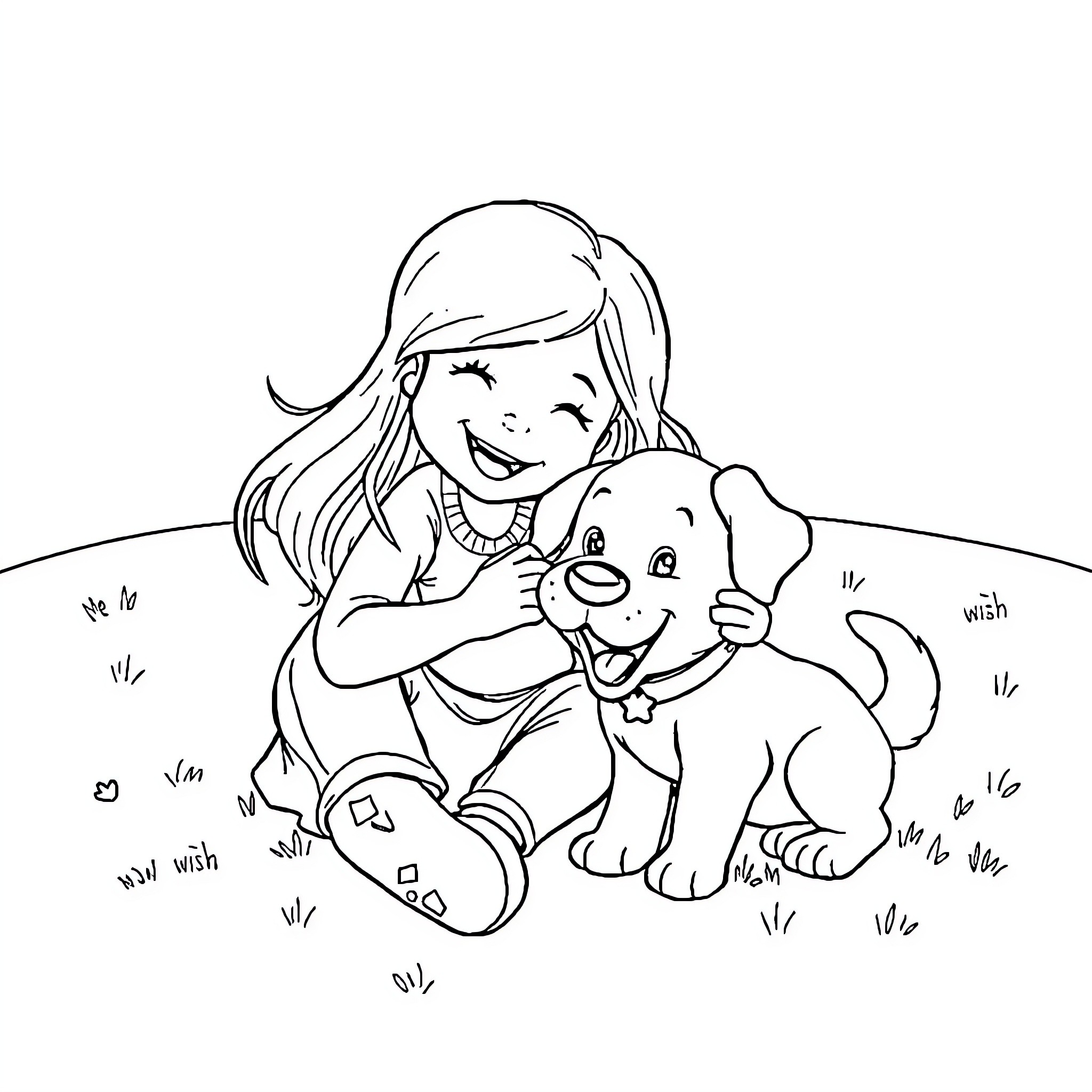 Dog and girl playing joyfully together Coloring Page (free black-and-white line drawing printable PDF for all, from beginners to advanced learners, including children, teens, adults, and seniors)