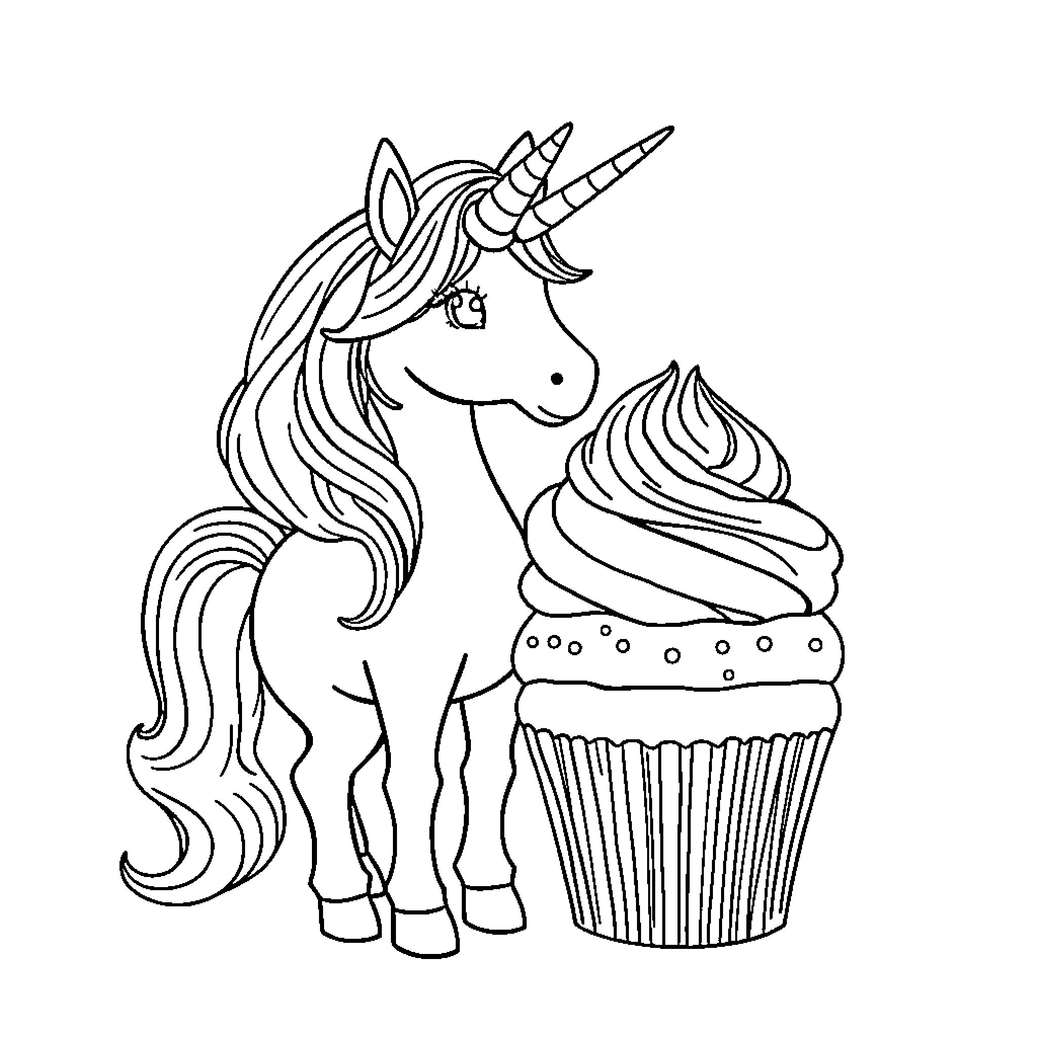 Unicorn and Cupcake Companions Coloring Page (free black-and-white line drawing printable PDF for all, from beginners to advanced learners, including children, teens, adults, and seniors)