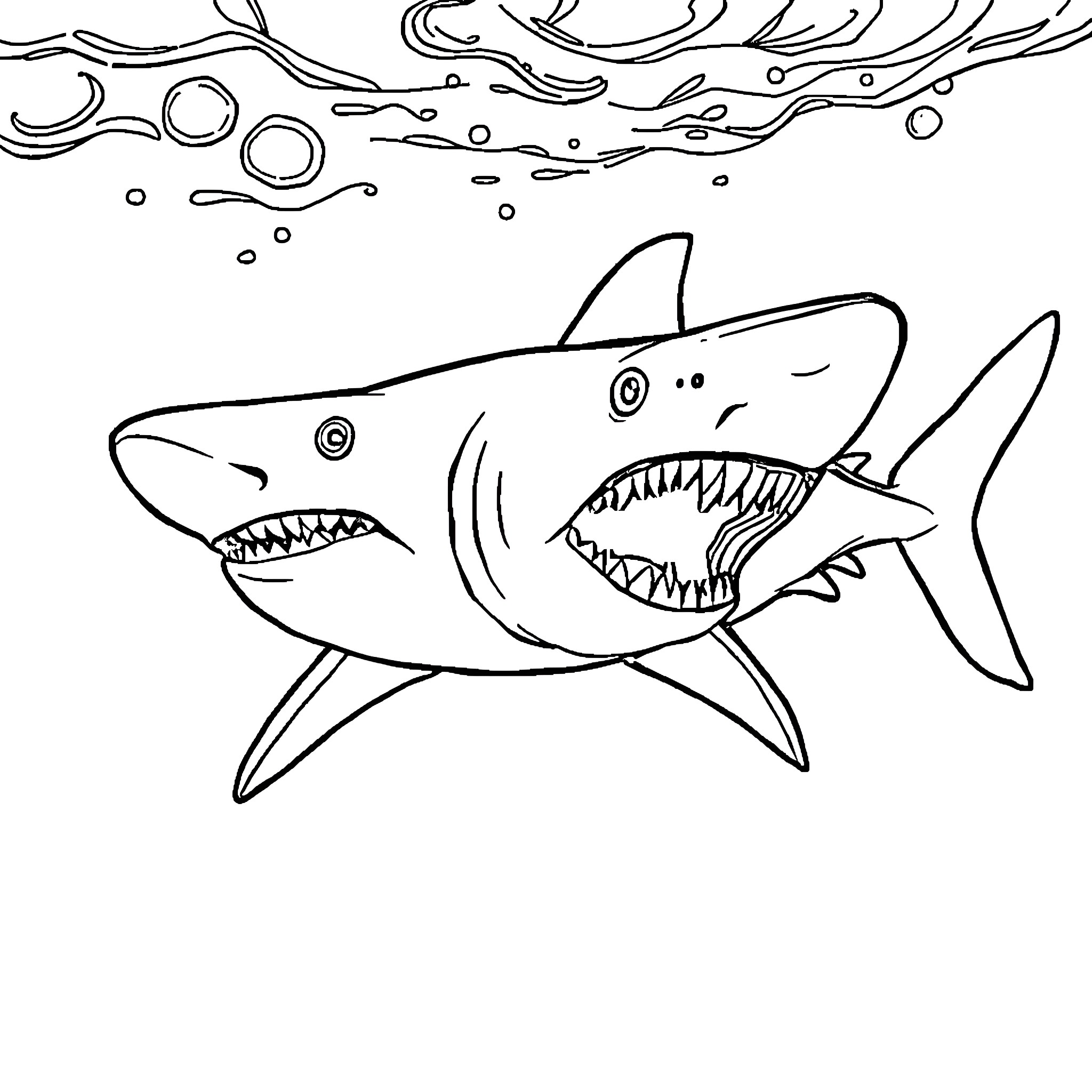 Shark attacking with open mouth Coloring Page (free black-and-white line drawing printable PDF for all, from beginners to advanced learners, including children, teens, adults, and seniors)
