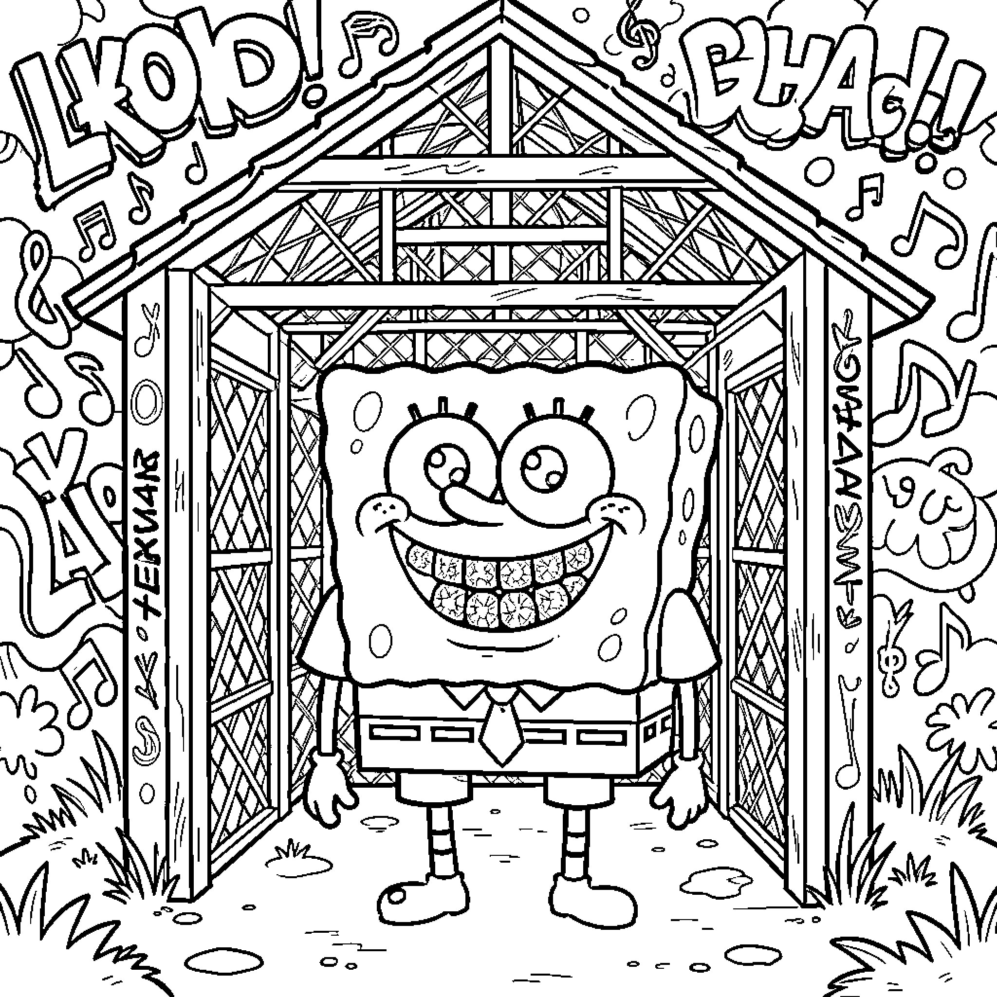 Spongebob's Lively Musical Performance in the Gazebo Coloring Page (free black-and-white line drawing printable PDF for all, from beginners to advanced learners, including children, teens, adults, and seniors)
