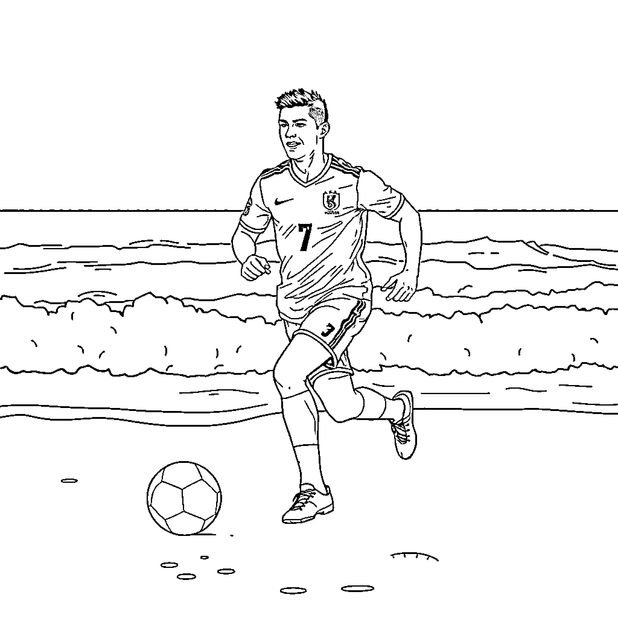Ronaldo playing soccer on the beach Coloring Page (free black-and-white line drawing printable PDF for all, from beginners to advanced learners, including children, teens, adults, and seniors)