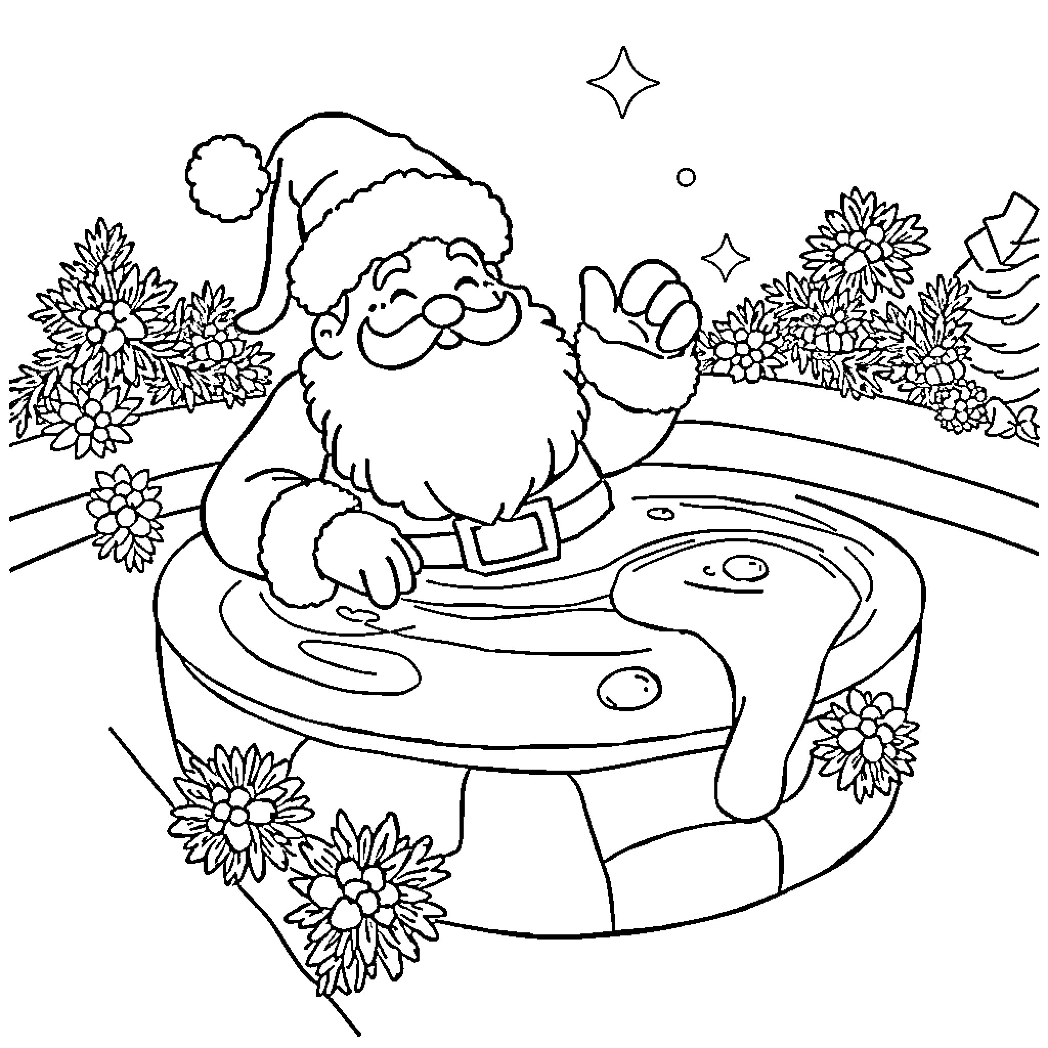 Santa Claus relaxing in a flowery meadow Coloring Page (free black-and-white line drawing printable PDF for all, from beginners to advanced learners, including children, teens, adults, and seniors)