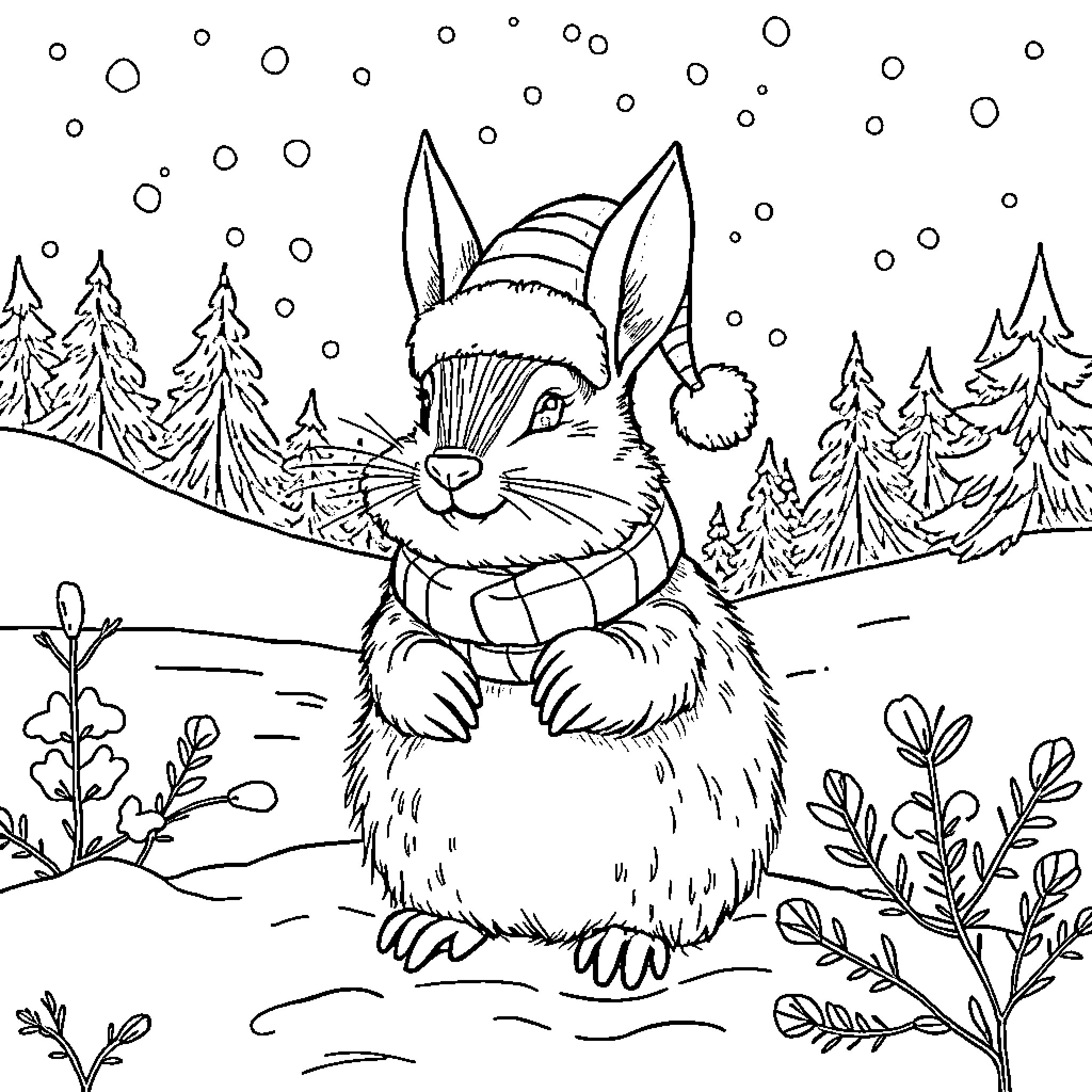 Rabbit in a winter wonderland Coloring Page (free black-and-white line drawing printable PDF for all, from beginners to advanced learners, including children, teens, adults, and seniors)