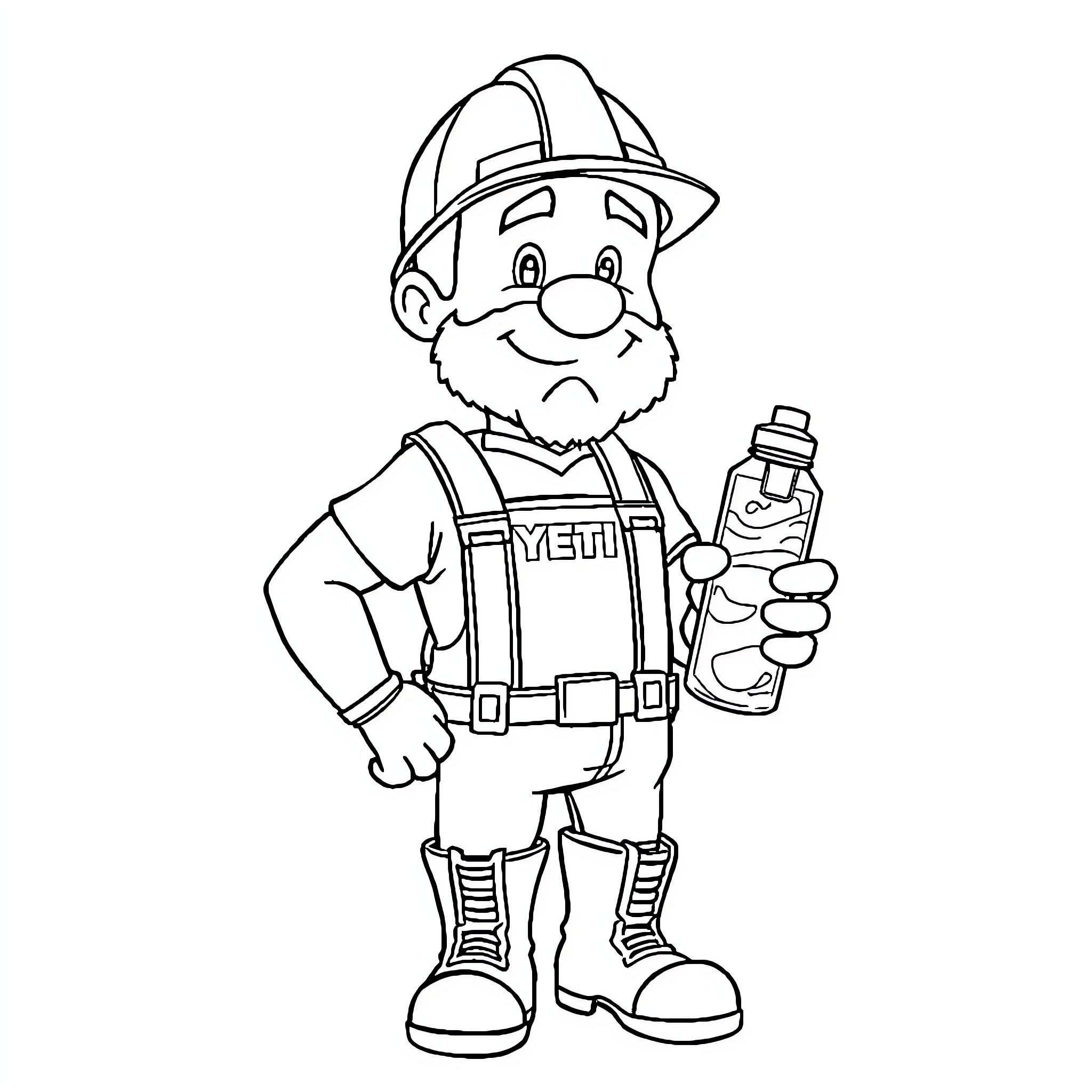 Builder with construction equipment and happy expression Coloring Page (free black-and-white line drawing printable PDF for all, from beginners to advanced learners, including children, teens, adults, and seniors)