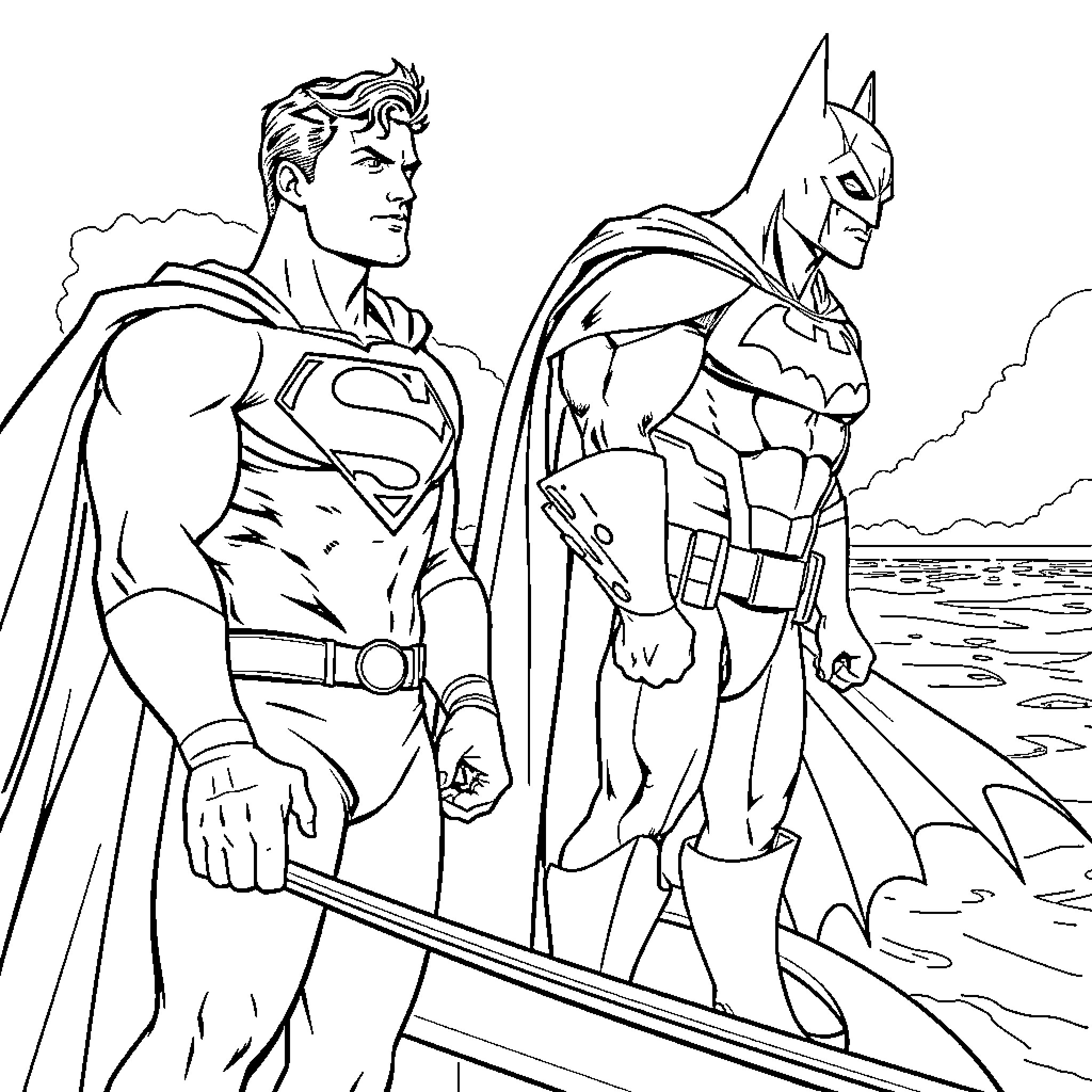 Superman and Batman standing heroically on a cliff Coloring Page (free black-and-white line drawing printable PDF for all, from beginners to advanced learners, including children, teens, adults, and seniors)