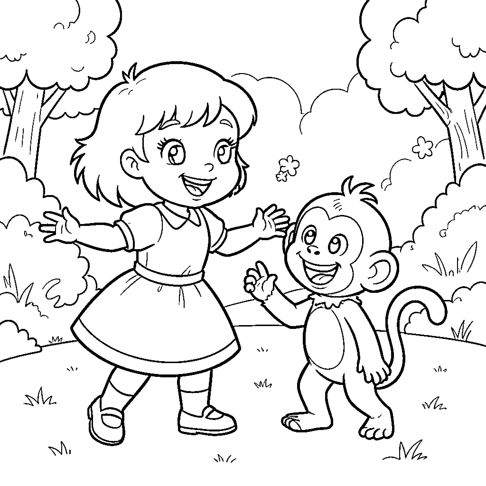 Dora smiling and waving to a happy monkey Coloring Page (free black-and-white line drawing printable PDF for all, from beginners to advanced learners, including children, teens, adults, and seniors)