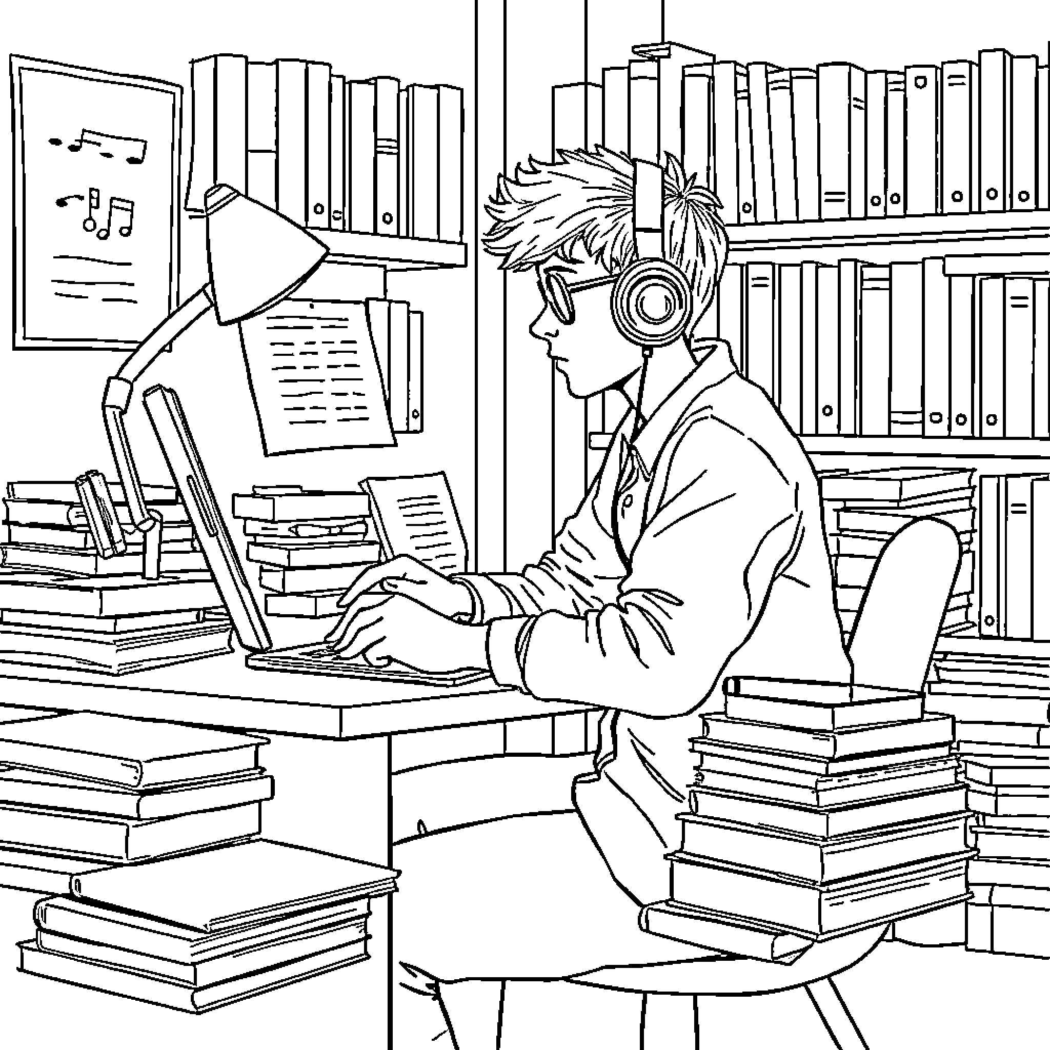 Élève concentré sur son travail dans une bibliothèque Coloring Page (free black-and-white line drawing printable PDF for all, from beginners to advanced learners, including children, teens, adults, and seniors)