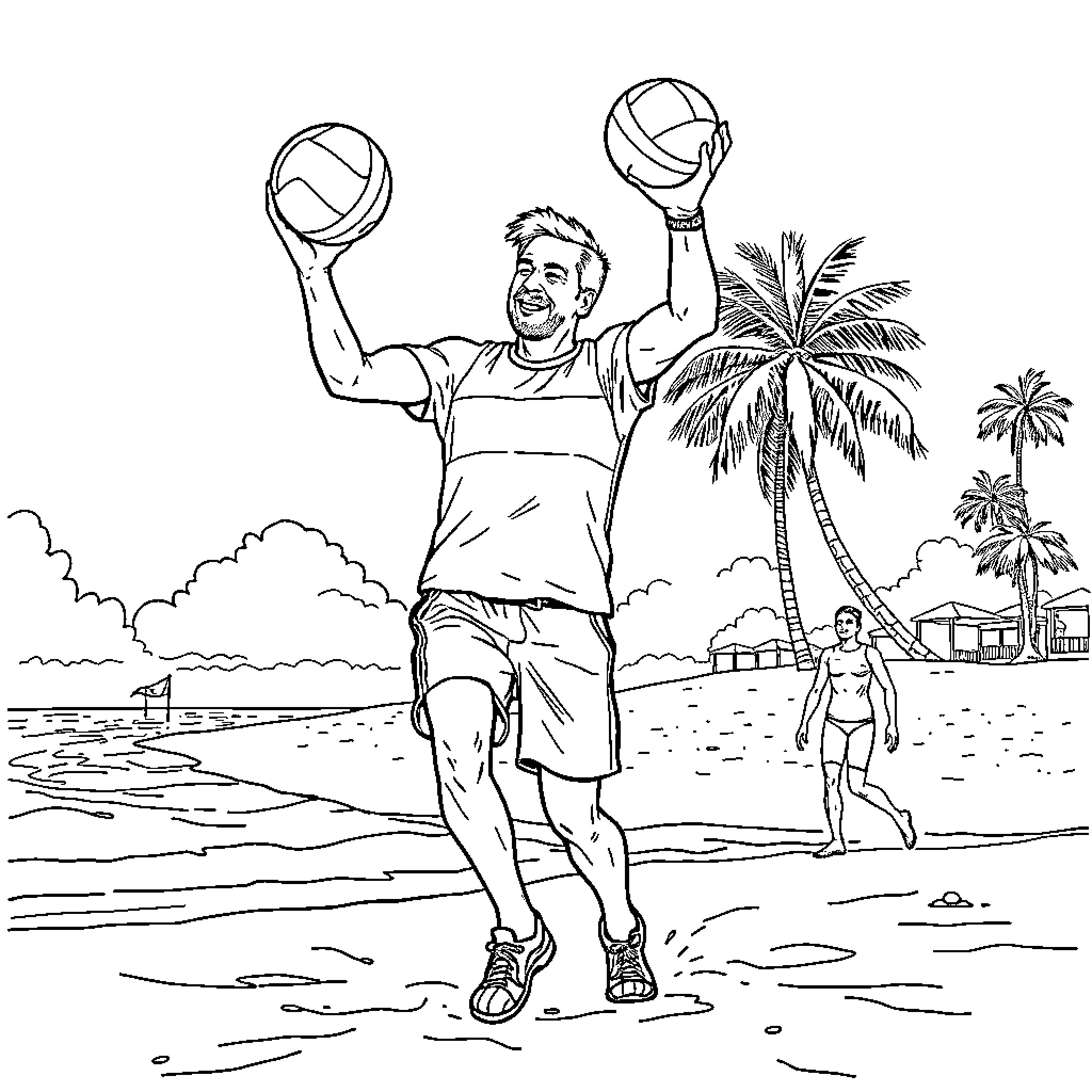 Prime Minister Playing Beach Volleyball with Enthusiasm Coloring Page (free black-and-white line drawing printable PDF for all, from beginners to advanced learners, including children, teens, adults, and seniors)
