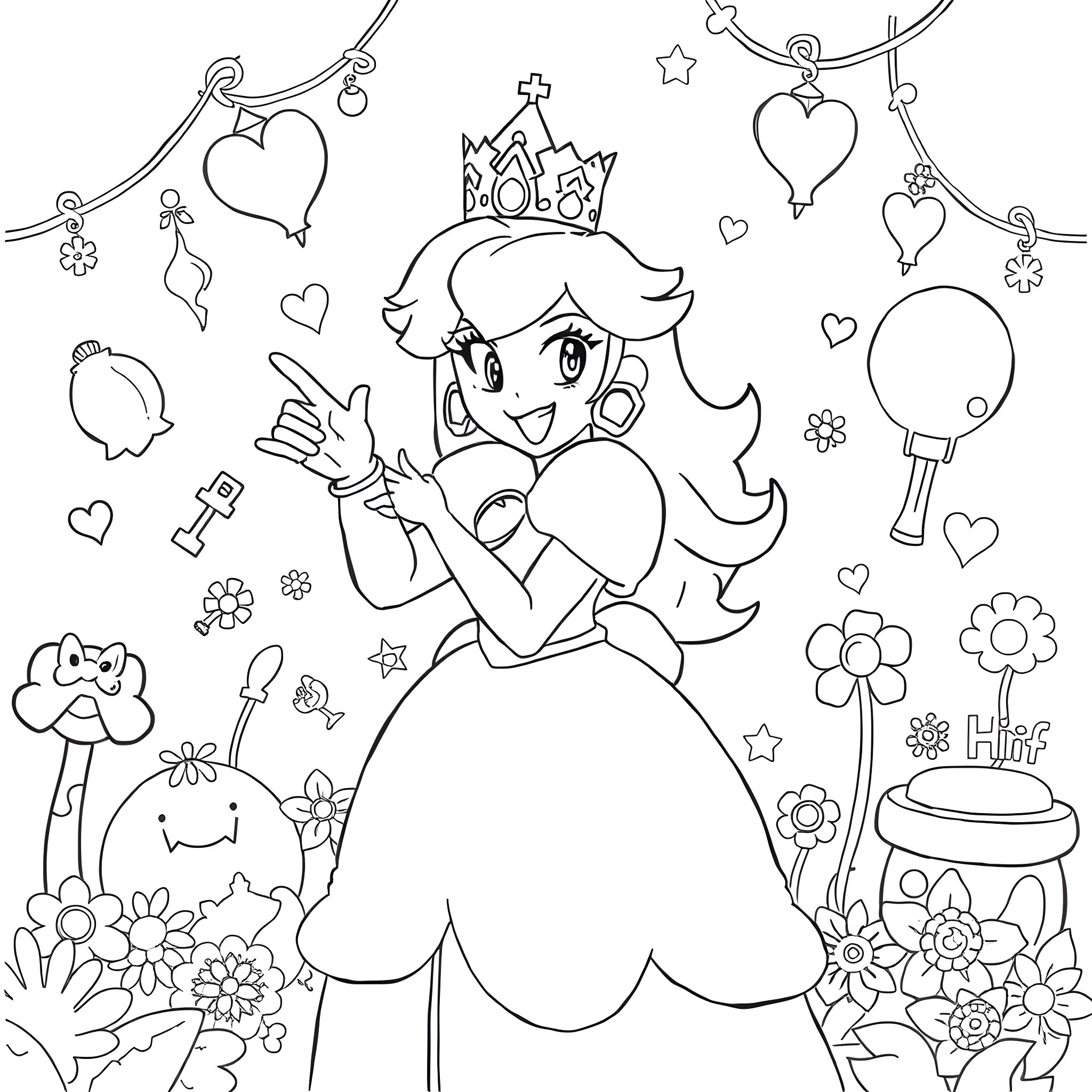 Princess Peach enjoying a whimsical and playful scene Coloring Page (free black-and-white line drawing printable PDF for all, from beginners to advanced learners, including children, teens, adults, and seniors)