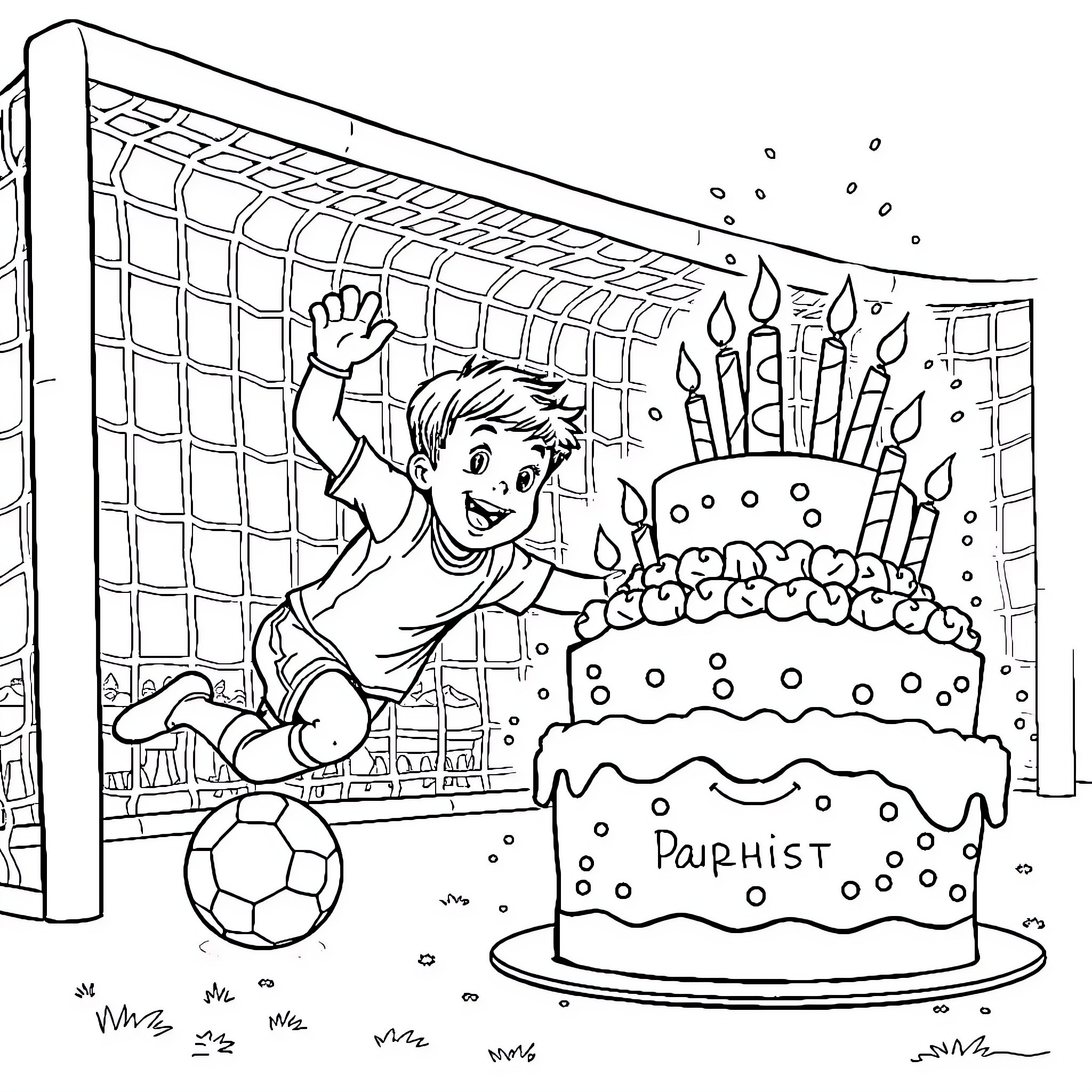 Goalkeeper celebrates birthday with cake and soccer ball Coloring Page (free black-and-white line drawing printable PDF for all, from beginners to advanced learners, including children, teens, adults, and seniors)