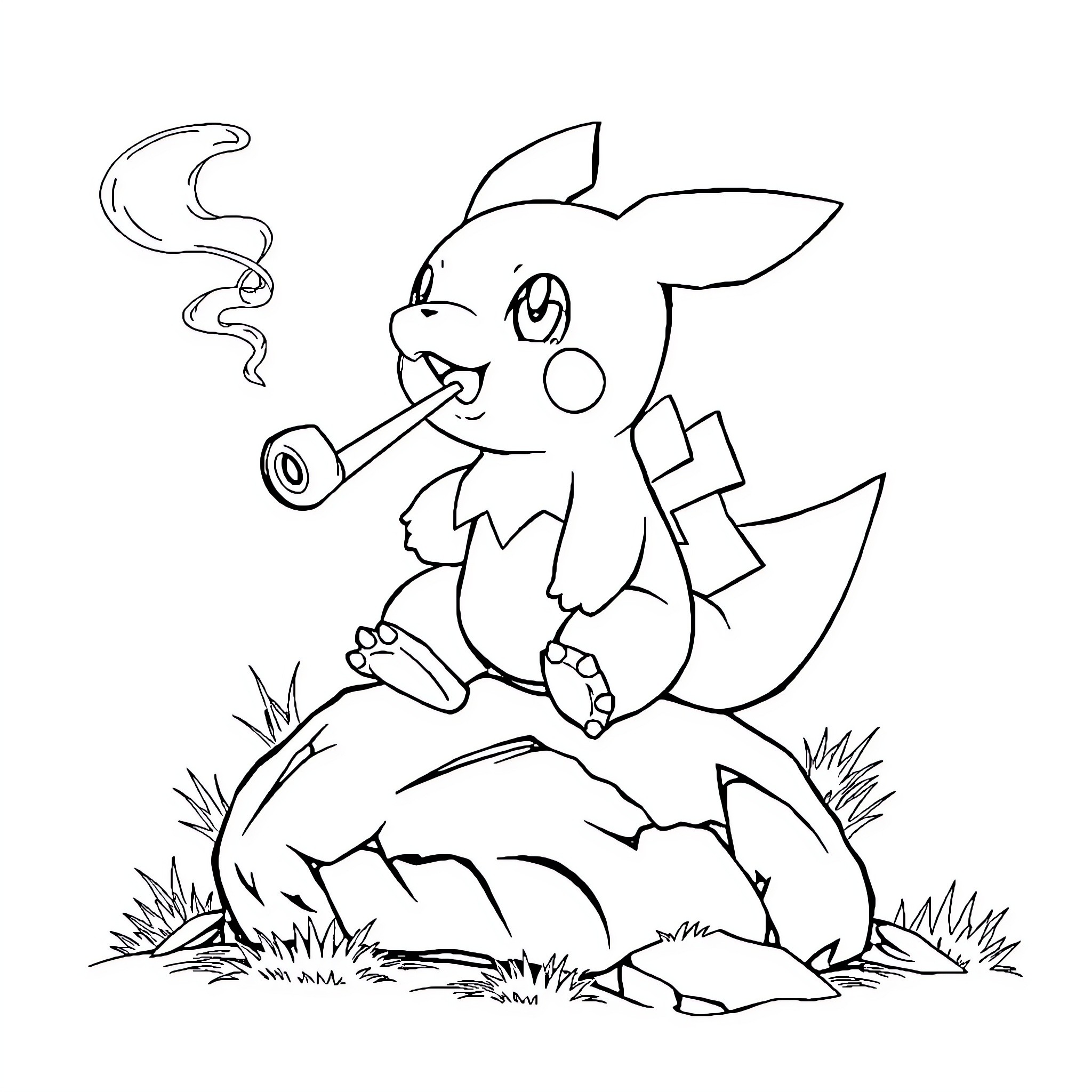 Pokémon character enjoying a pipe outdoors Coloring Page (free black-and-white line drawing printable PDF for all, from beginners to advanced learners, including children, teens, adults, and seniors)