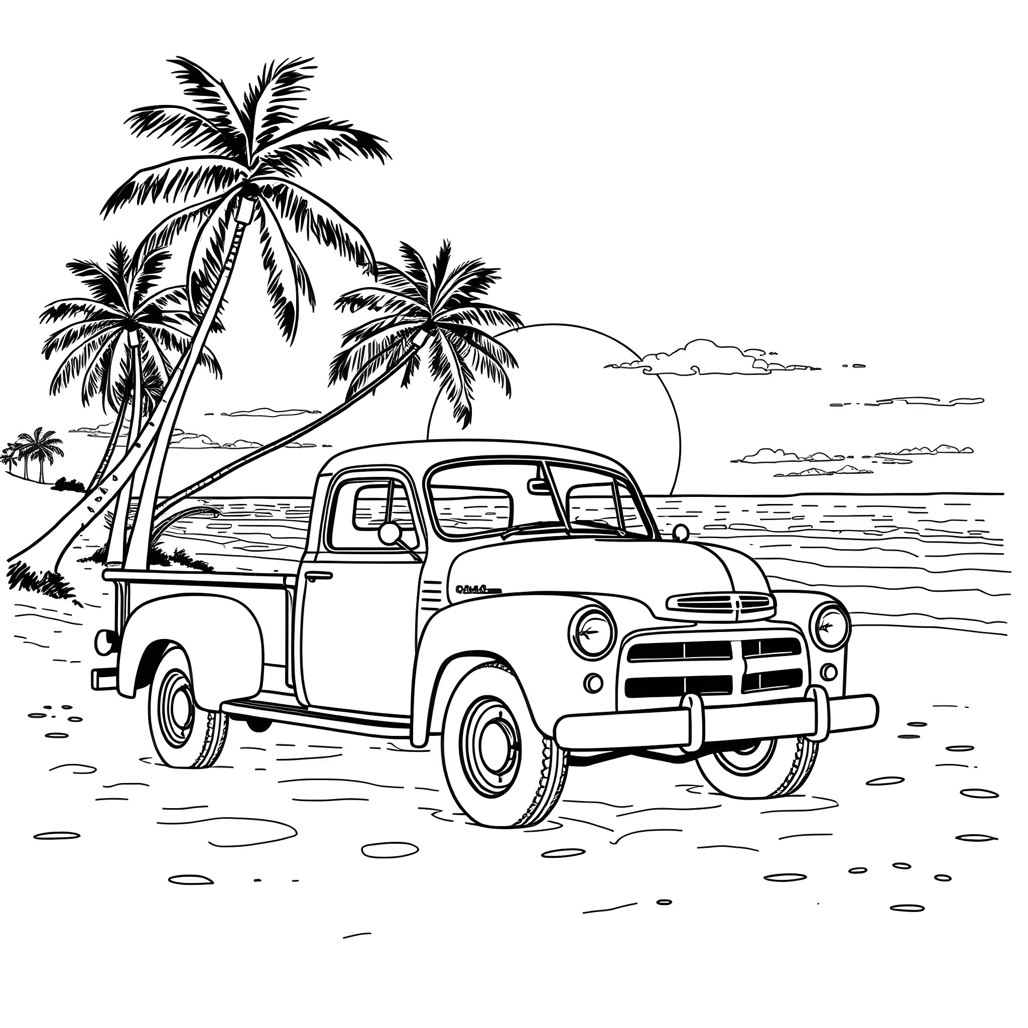Truck parked on beach with palm trees Coloring Page (free black-and-white line drawing printable PDF for all, from beginners to advanced learners, including children, teens, adults, and seniors)