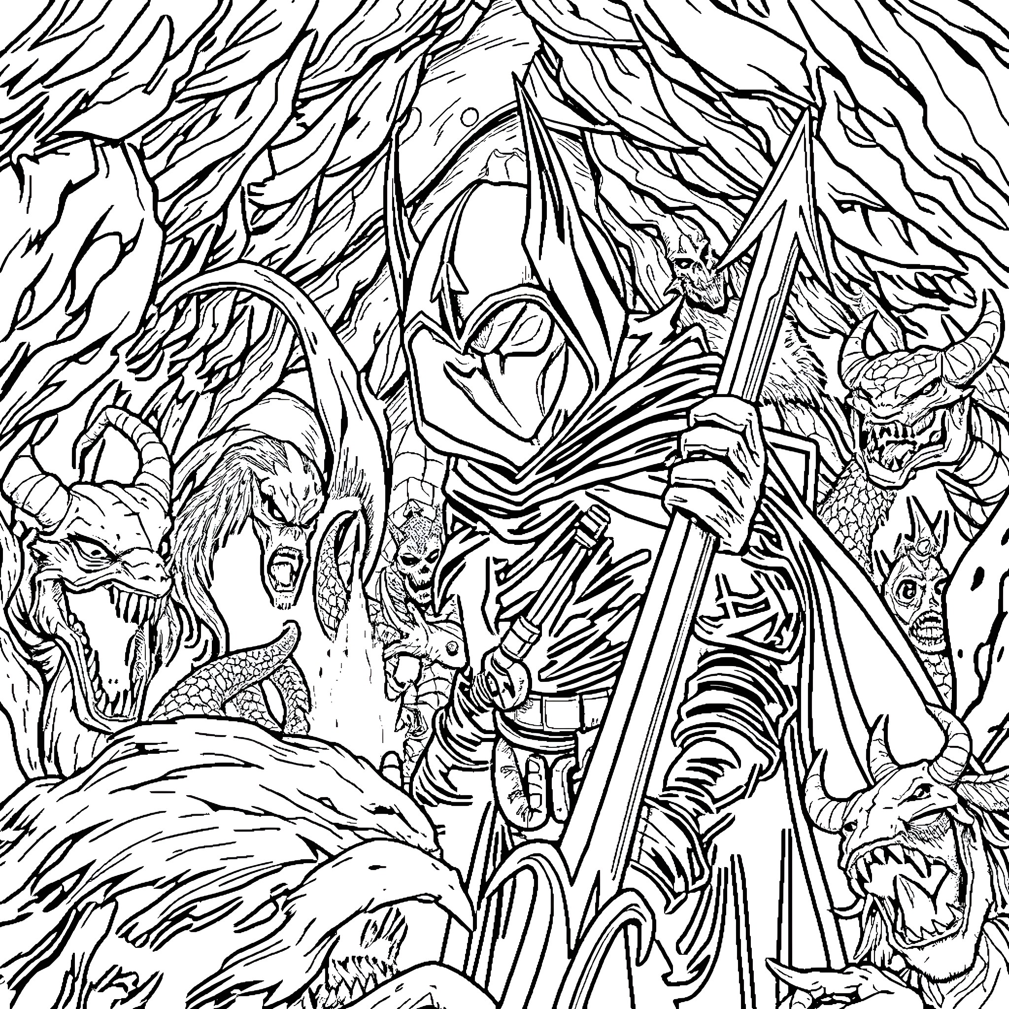 Hollow Knight: Brave warrior amid fantastical creatures Coloring Page (free black-and-white line drawing printable PDF for all, from beginners to advanced learners, including children, teens, adults, and seniors)