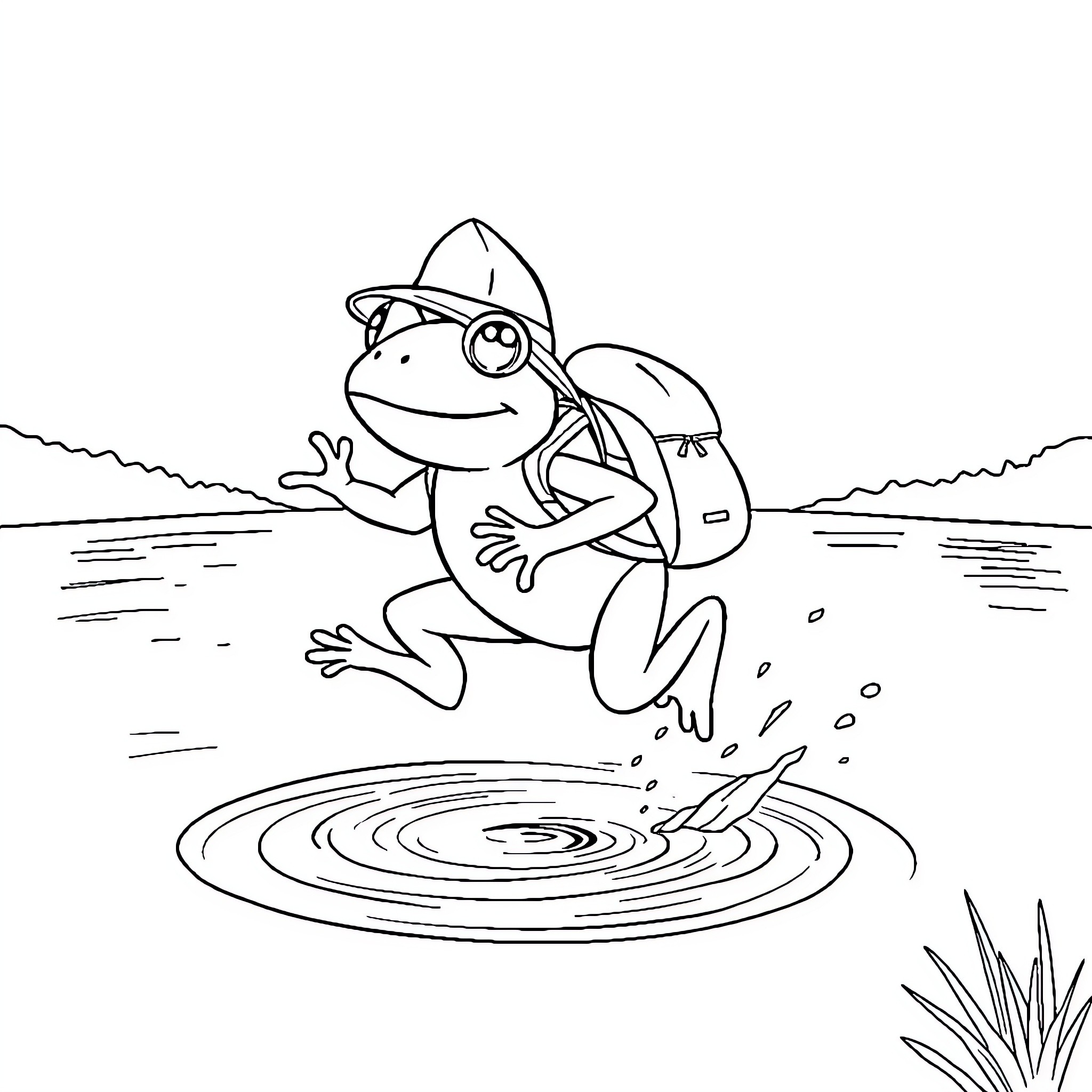 Frog Jumping Happily in a Pond Coloring Page (free black-and-white line drawing printable PDF for all, from beginners to advanced learners, including children, teens, adults, and seniors)