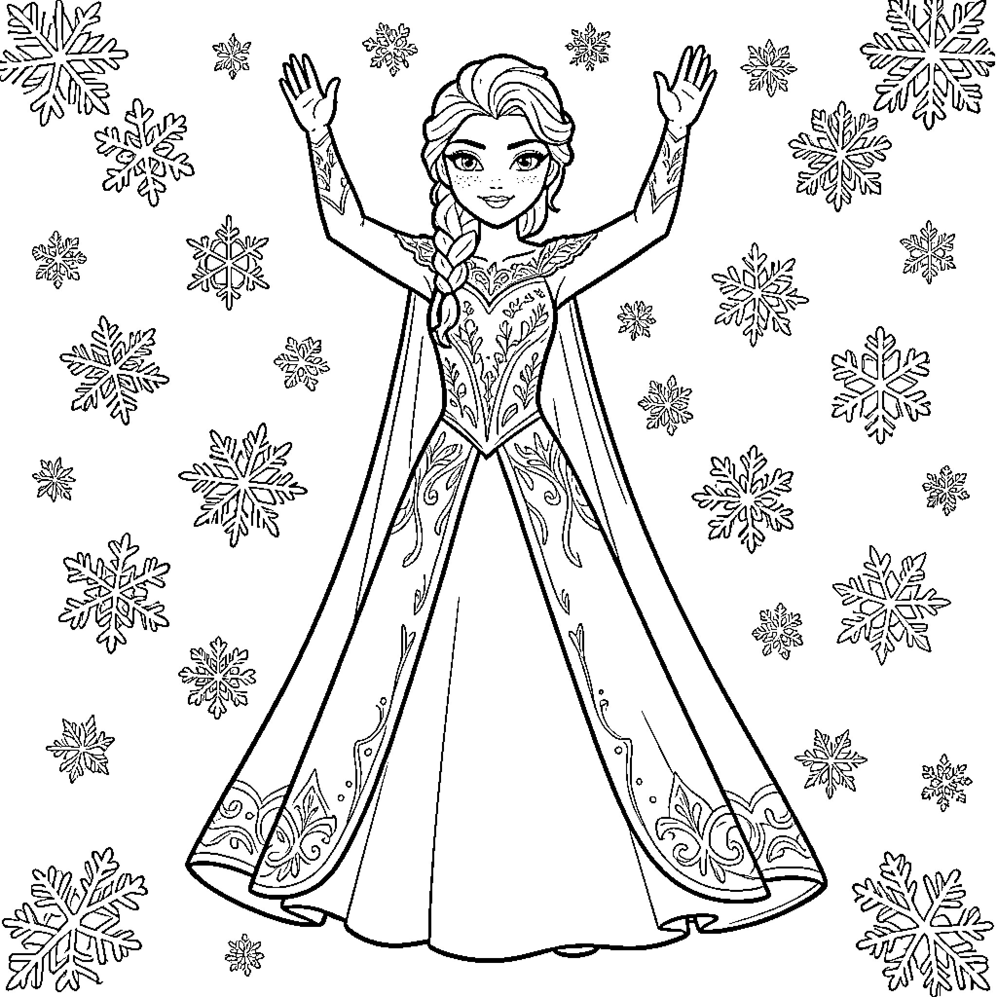 Elsa raising her hands amidst falling snowflakes Coloring Page (free black-and-white line drawing printable PDF for all, from beginners to advanced learners, including children, teens, adults, and seniors)