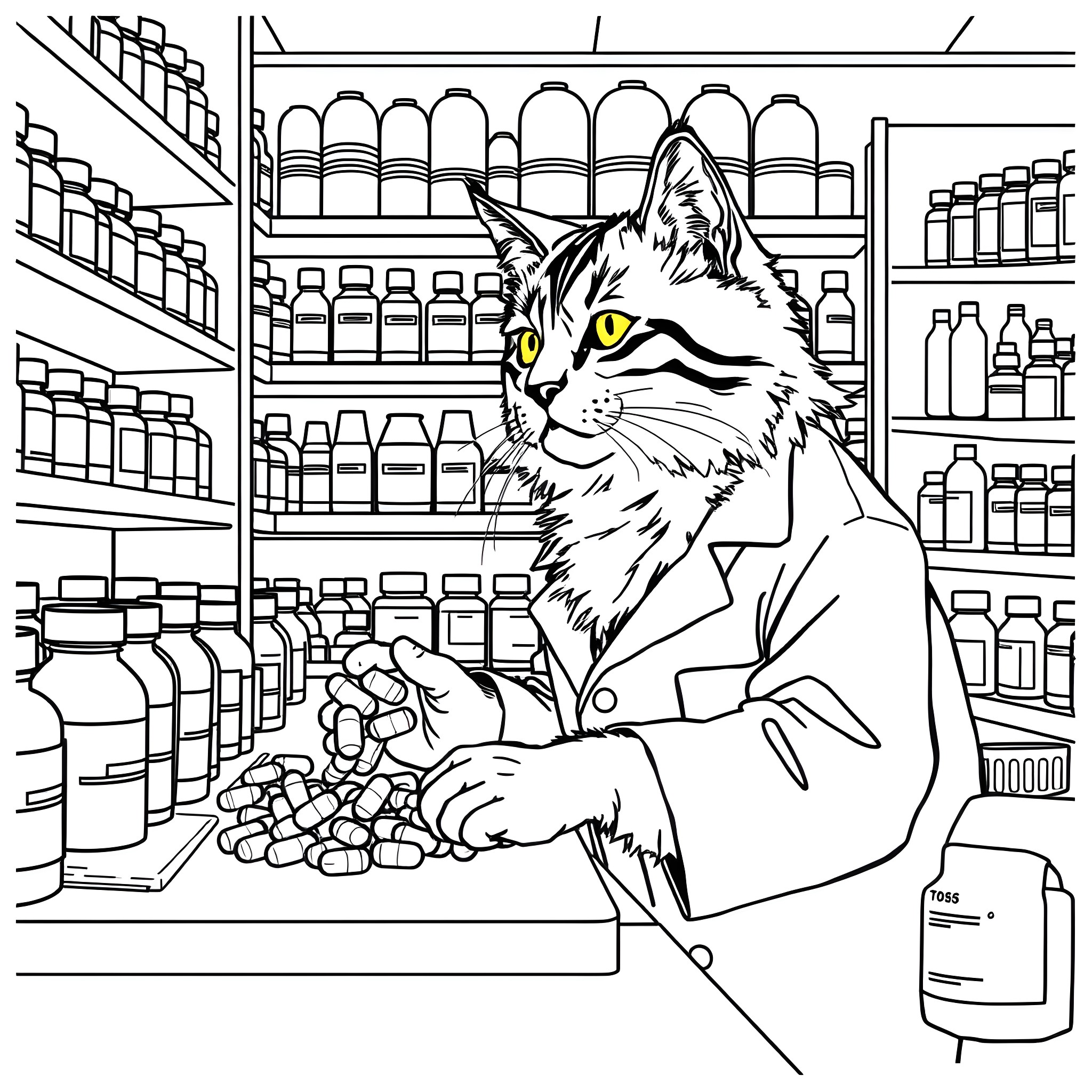Maine Coon cat shopping at the market Coloring Page (free black-and-white line drawing printable PDF for all, from beginners to advanced learners, including children, teens, adults, and seniors)
