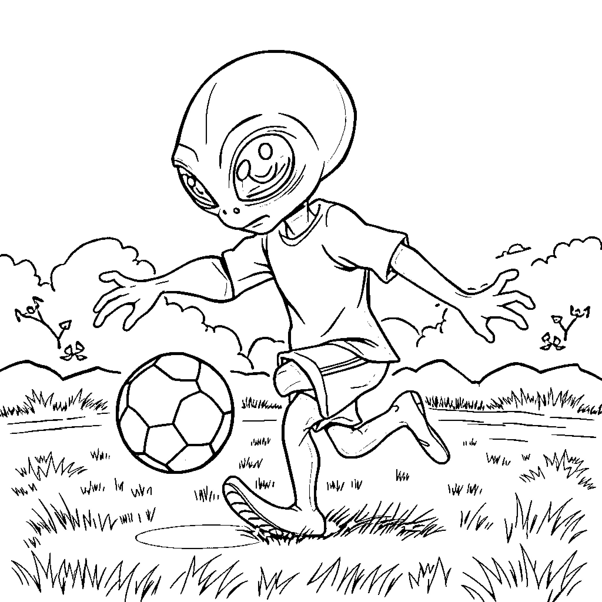 Alien Footballer Playing with Ball in the Field Coloring Page (free black-and-white line drawing printable PDF for all, from beginners to advanced learners, including children, teens, adults, and seniors)