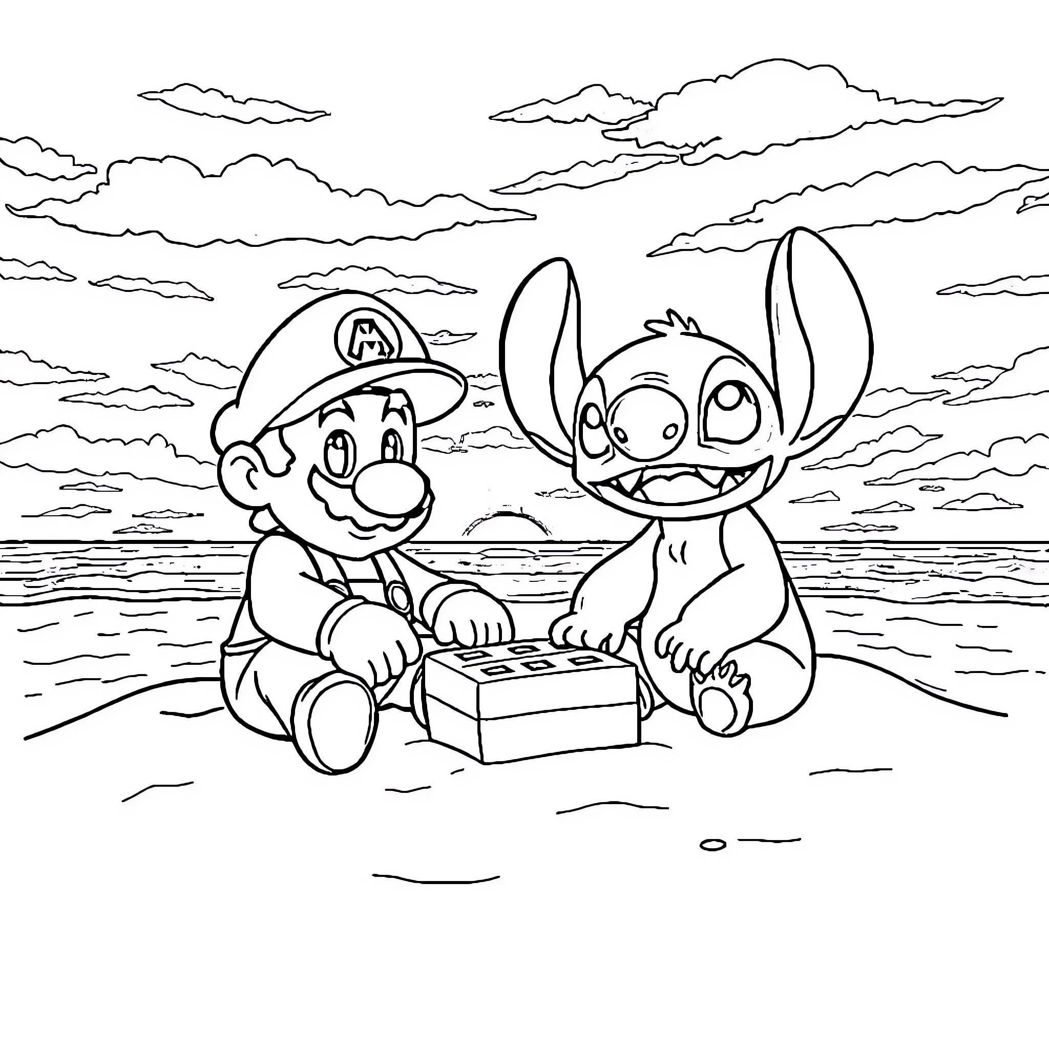Mario and Stitch playing on the beach Coloring Page (free black-and-white line drawing printable PDF for all, from beginners to advanced learners, including children, teens, adults, and seniors)