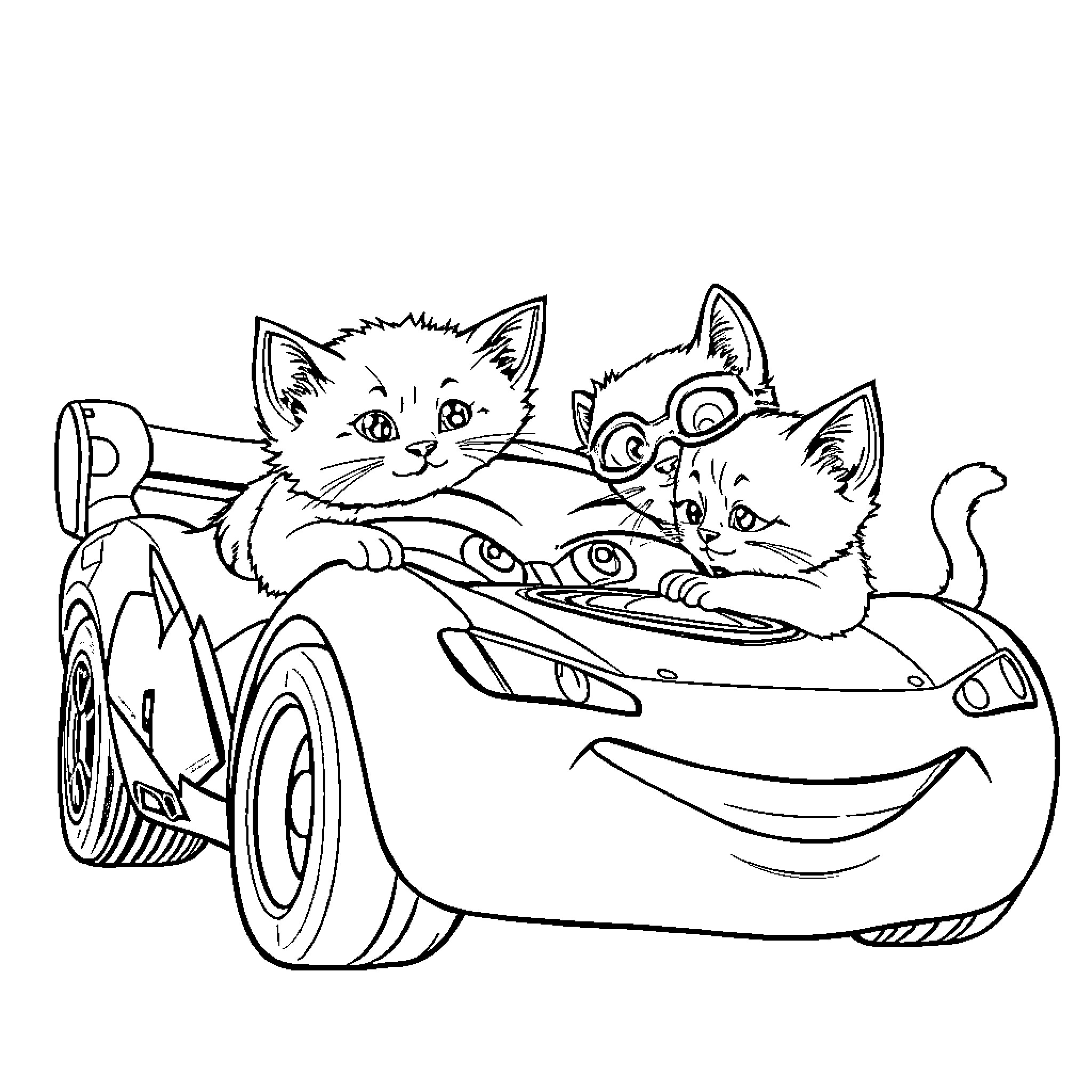 Kitty Trio Riding in Race Car Coloring Page (free black-and-white line drawing printable PDF for all, from beginners to advanced learners, including children, teens, adults, and seniors)