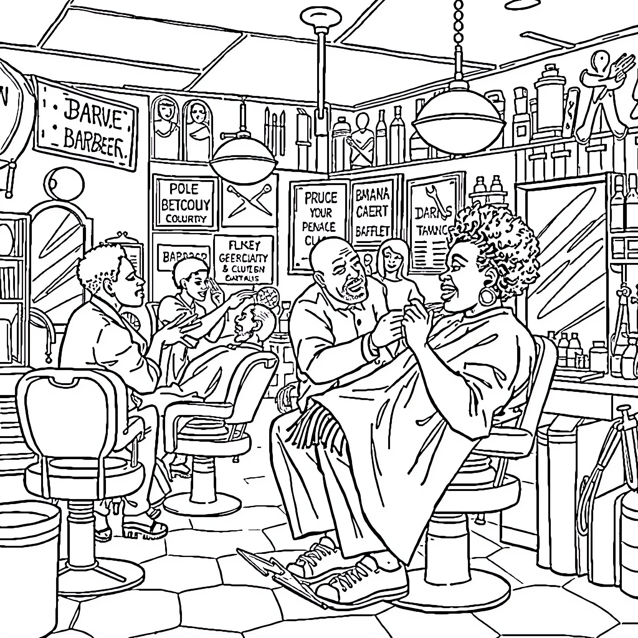 Barbershop Buzz: A Lively Scene of Trims and Chatter Coloring Page (free black-and-white line drawing printable PDF for all, from beginners to advanced learners, including children, teens, adults, and seniors)