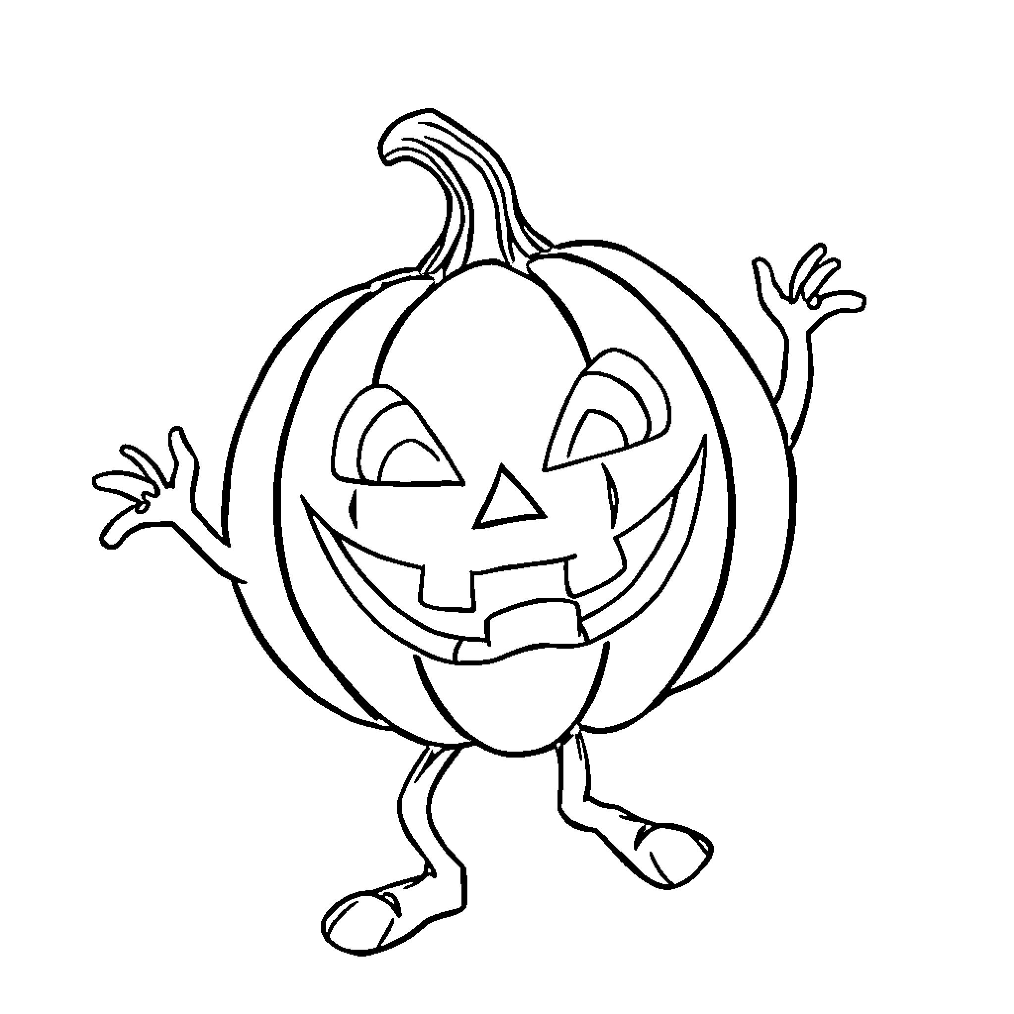 Jackolantern with a friendly smile and waving arms Coloring Page (free black-and-white line drawing printable PDF for all, from beginners to advanced learners, including children, teens, adults, and seniors)