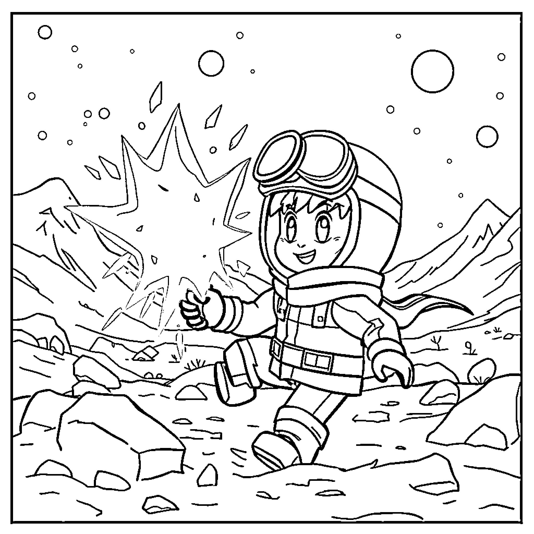 Boboiboy exploring the snowy mountains Coloring Page (free black-and-white line drawing printable PDF for all, from beginners to advanced learners, including children, teens, adults, and seniors)
