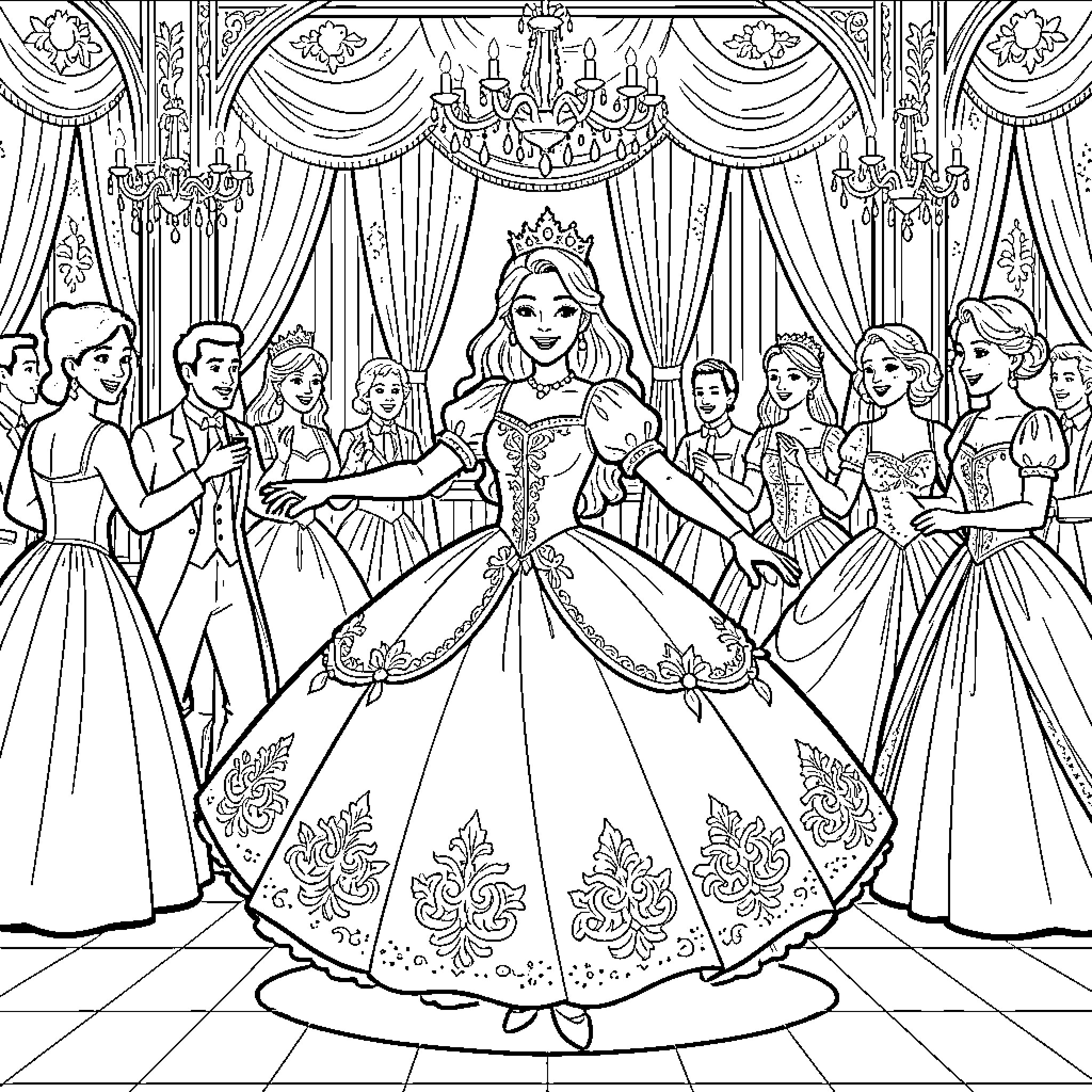 Princess dancing gracefully in a grand ballroom Coloring Page (free black-and-white line drawing printable PDF for all, from beginners to advanced learners, including children, teens, adults, and seniors)