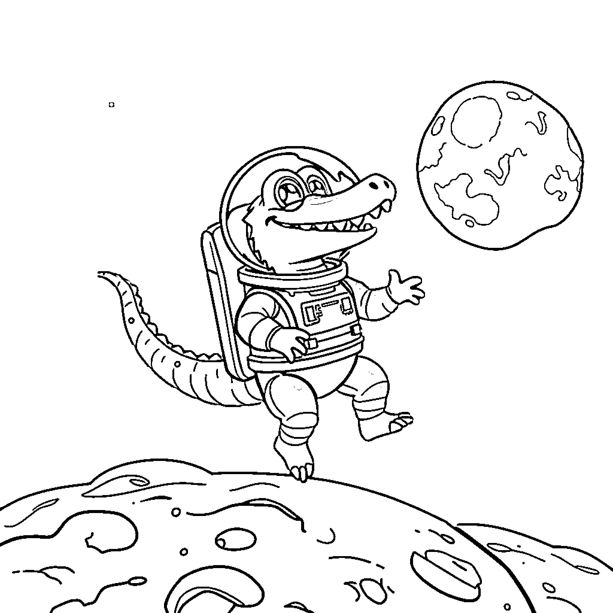 Crocodile astronaut exploring the moon Coloring Page (free black-and-white line drawing printable PDF for all, from beginners to advanced learners, including children, teens, adults, and seniors)