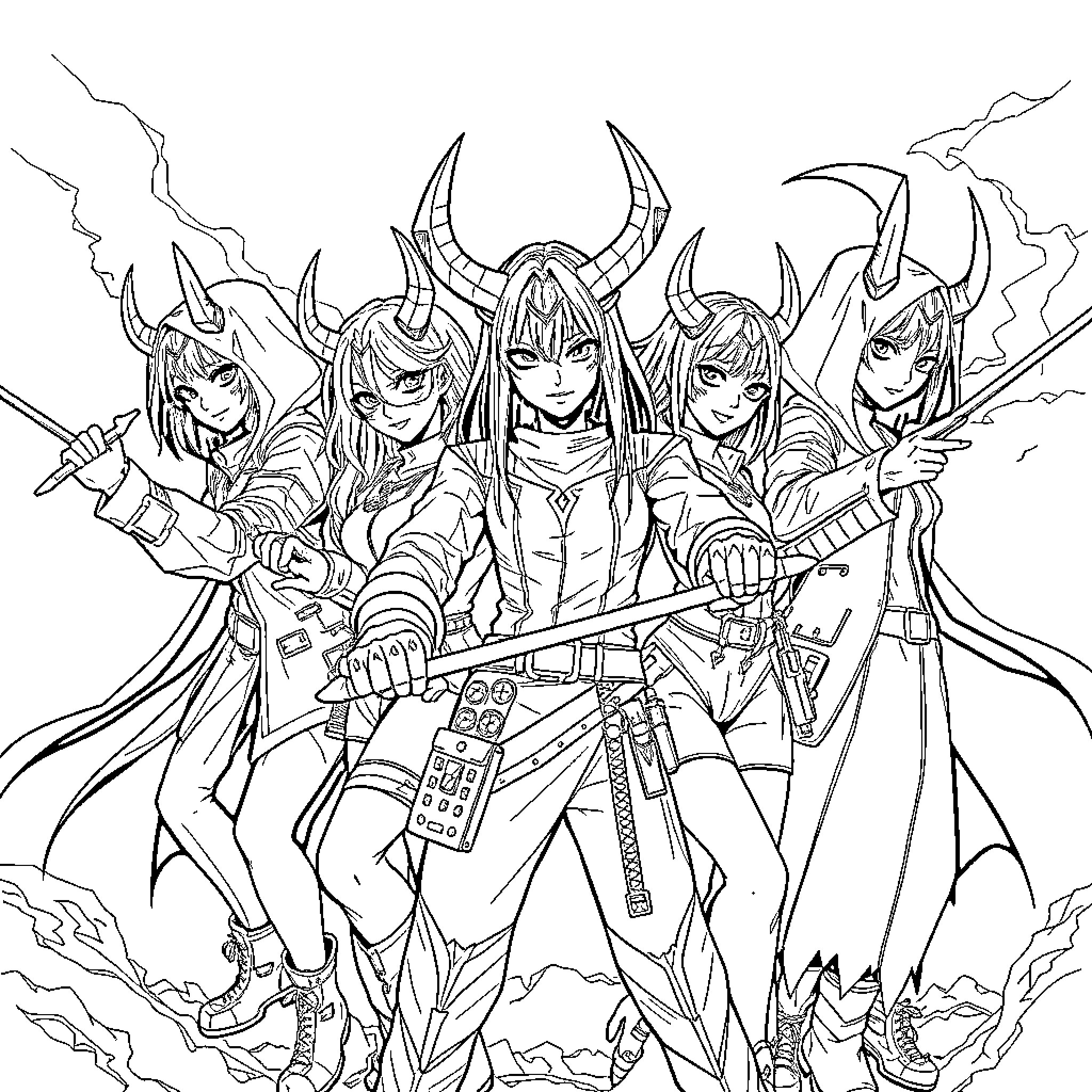 Demon Hunters Wielding Powerful Weapons in a Dramatic Scene Coloring Page (free black-and-white line drawing printable PDF for all, from beginners to advanced learners, including children, teens, adults, and seniors)
