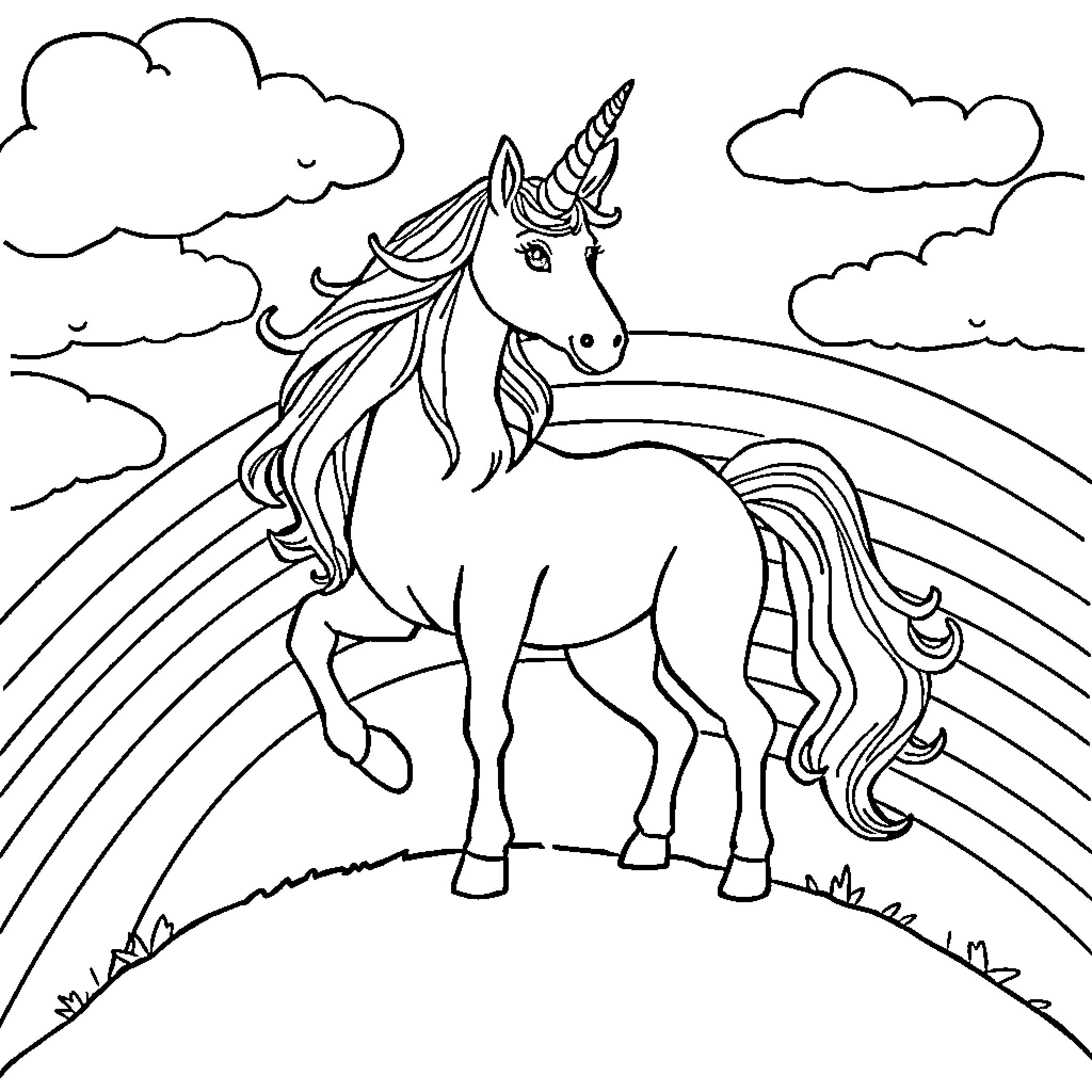 Unicorn standing proudly amidst clouds and rainbow Coloring Page (free black-and-white line drawing printable PDF for all, from beginners to advanced learners, including children, teens, adults, and seniors)
