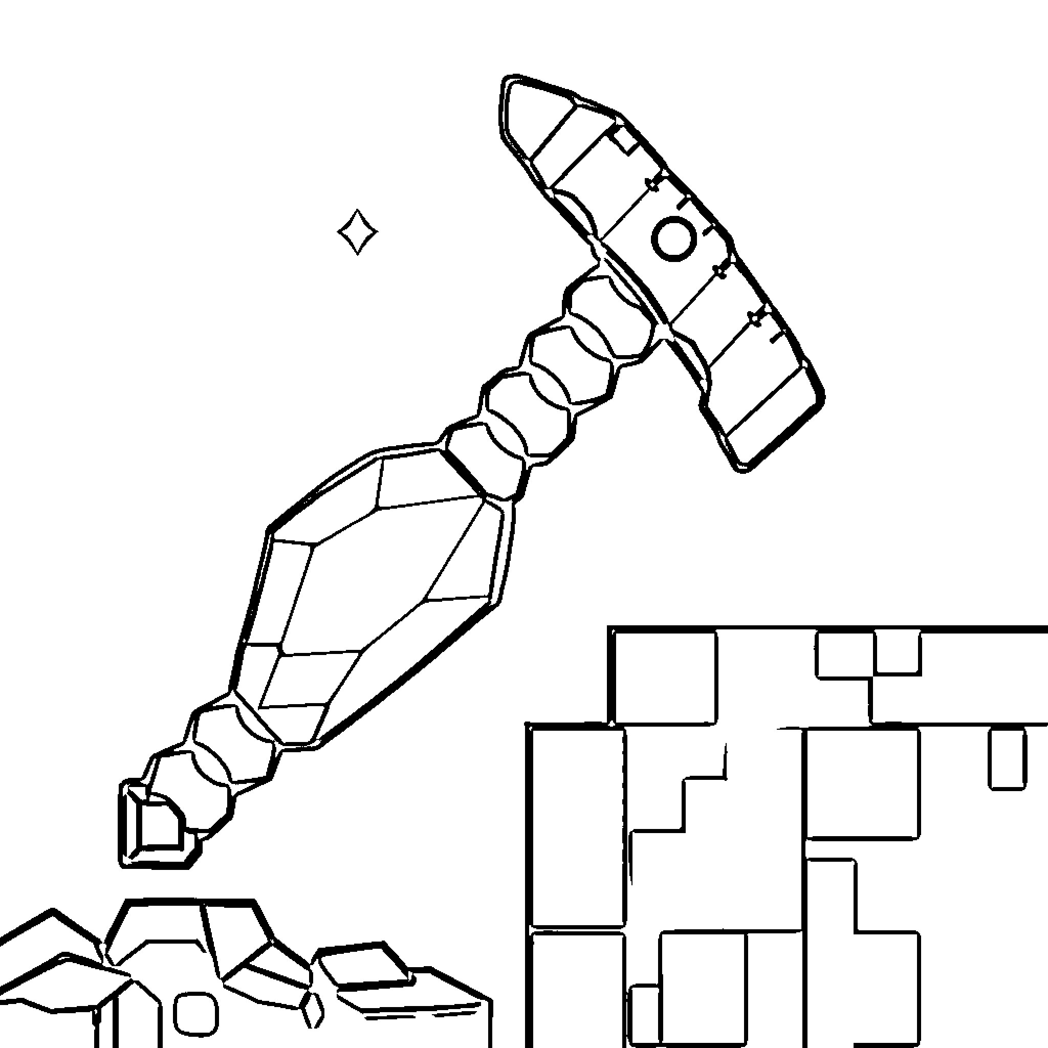Pickaxe breaking through the rocks Coloring Page (free black-and-white line drawing printable PDF for all, from beginners to advanced learners, including children, teens, adults, and seniors)