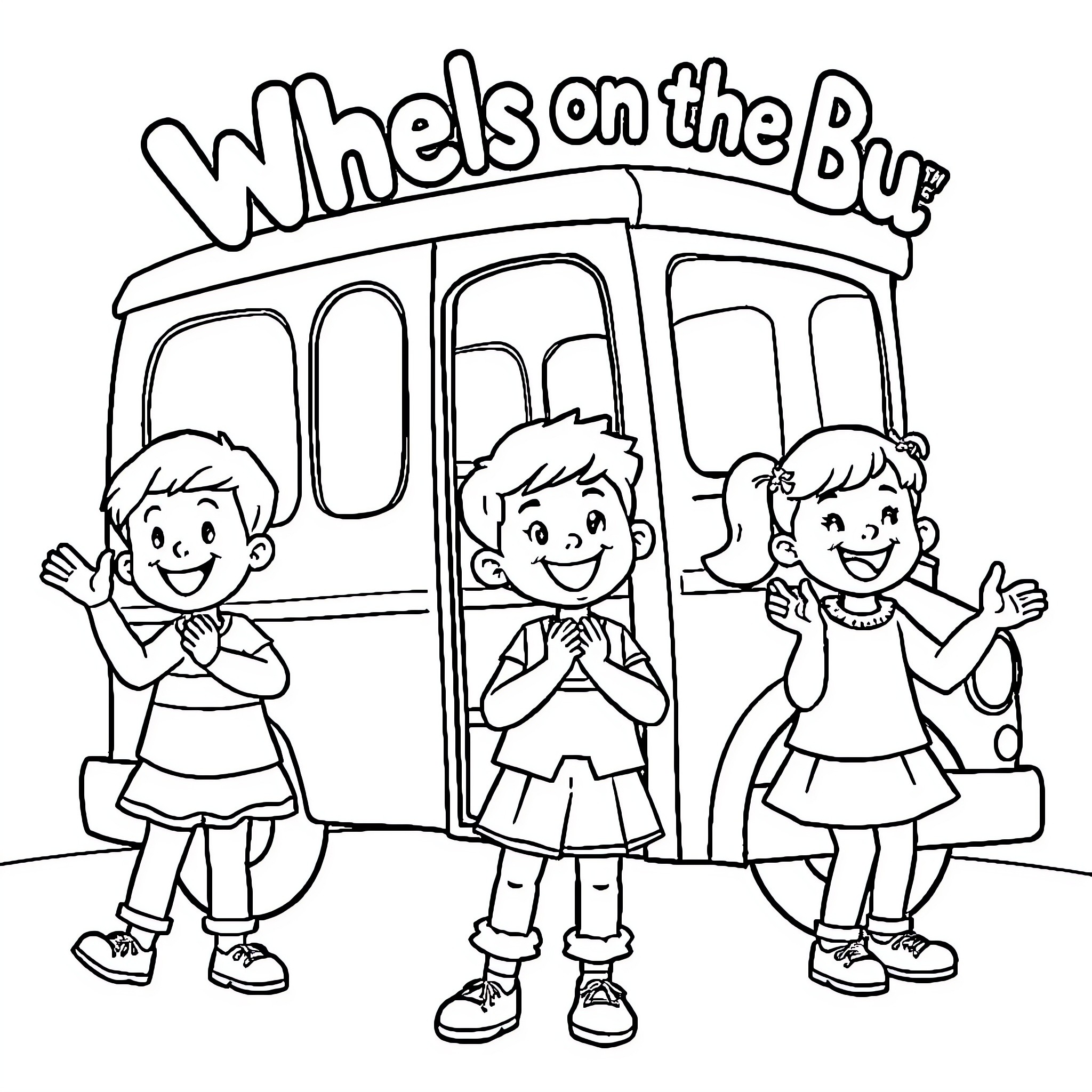 Bus filled with happy children waving Coloring Page (free black-and-white line drawing printable PDF for all, from beginners to advanced learners, including children, teens, adults, and seniors)