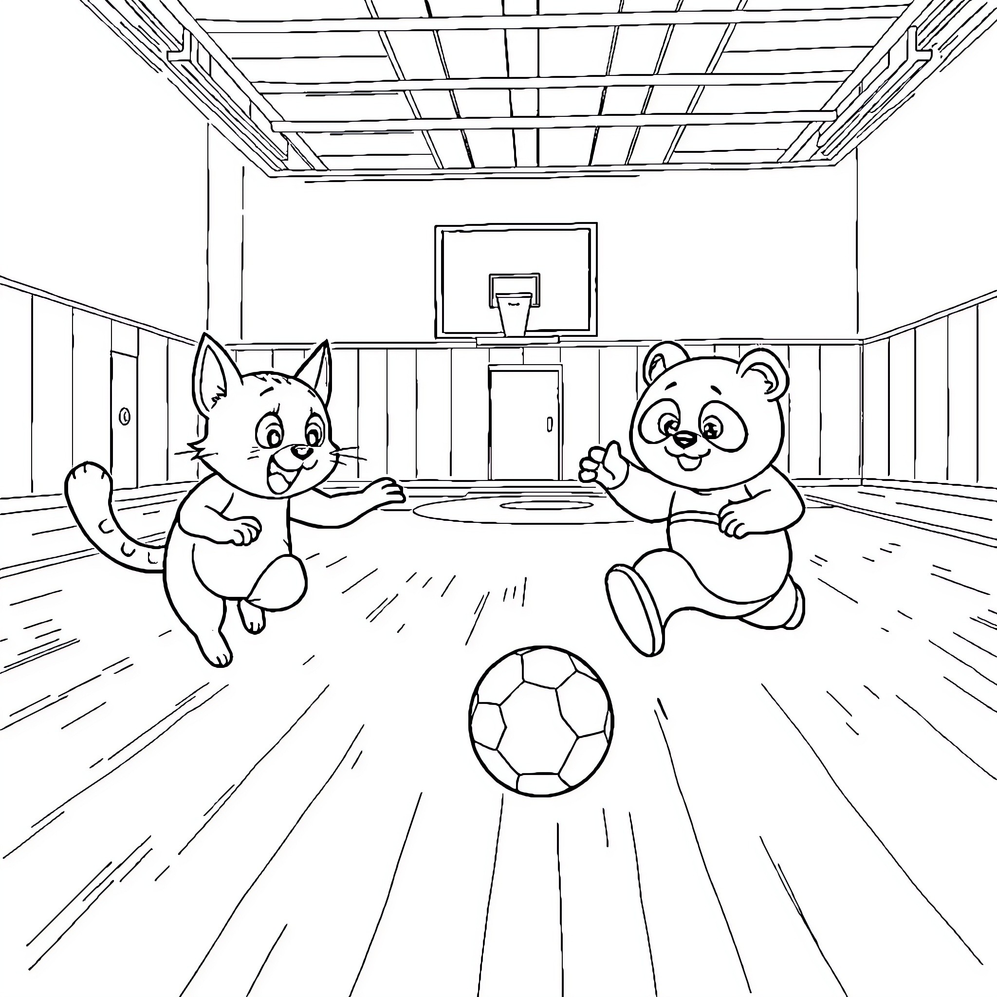 Cat and panda playing with soccer ball in gym Coloring Page (free black-and-white line drawing printable PDF for all, from beginners to advanced learners, including children, teens, adults, and seniors)